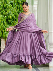 Stunning Lavender Embroidered Silk Flared Gown With Dupatta