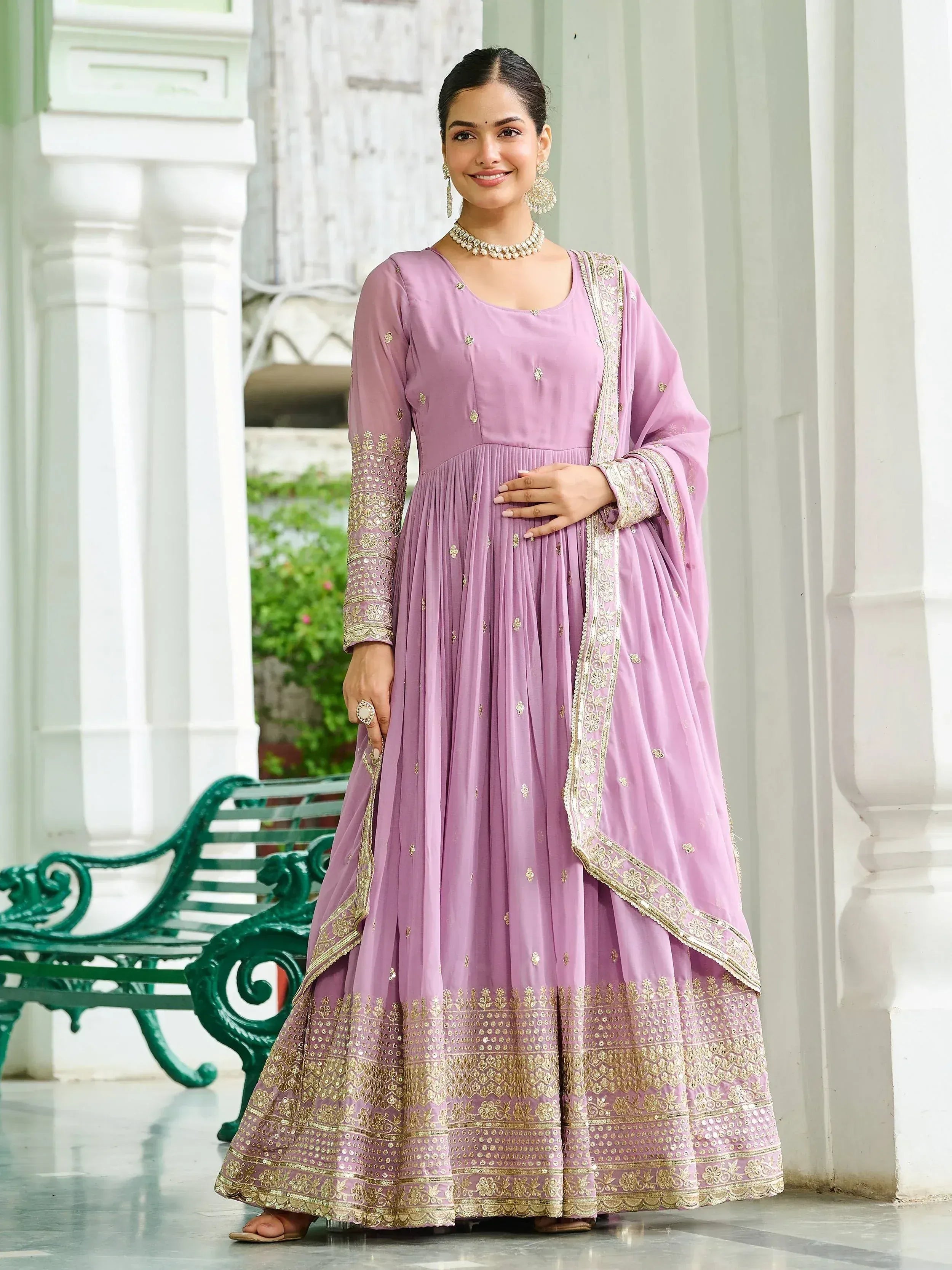 Elegant lavender anarkali with gold embroidery, perfect for Indian ethnic occasions