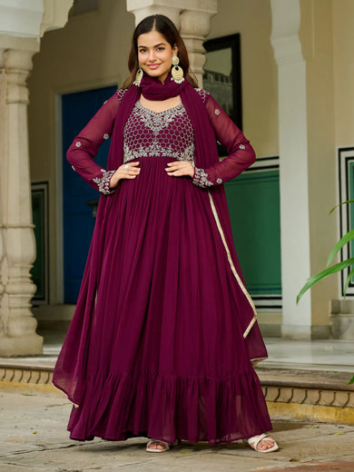 Stunning Maroon Embroidered Georgette Festive Wear Gown With Dupatta