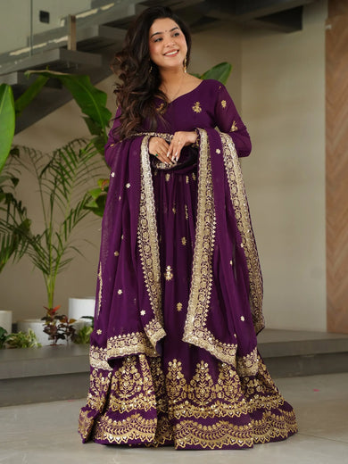 Gorgeous Purple Sequins Embroidered Georgette Gown With Dupatta