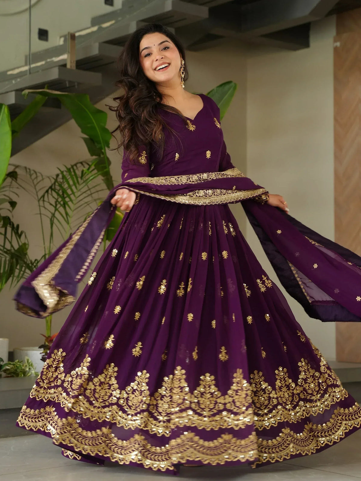 Purple designer lehenga choli with gold embroidery, perfect for Indian ethnic wear occasions