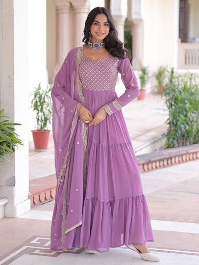 Beautiful Purple Zari Embroidered Georgette Gown With Dupatta