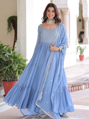 Stylish Sky Zari Embroidered Georgette Gown With Dupatta
