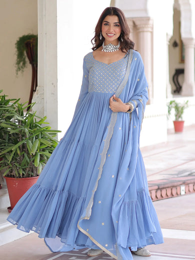 Stylish Sky Zari Embroidered Georgette Gown With Dupatta