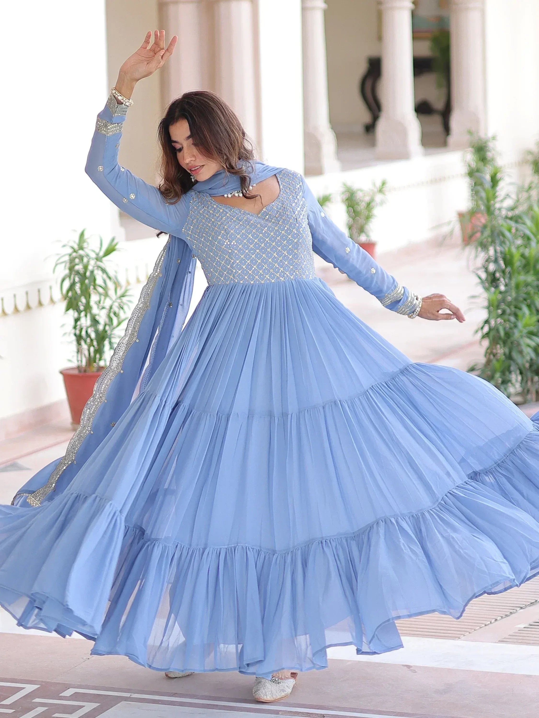 Stylish Sky Zari Embroidered Georgette Gown With Dupatta
