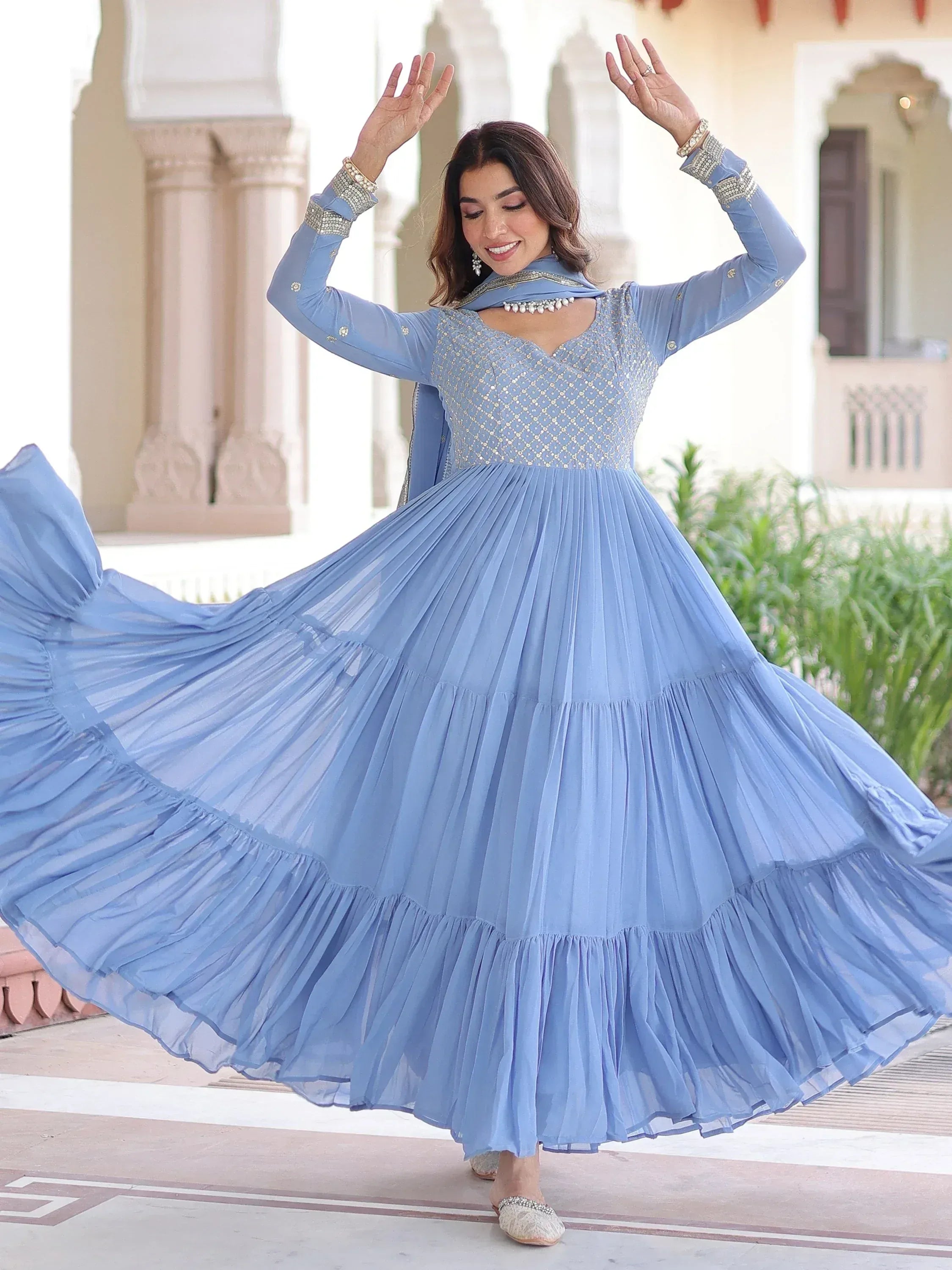 Stylish Sky Zari Embroidered Georgette Gown With Dupatta