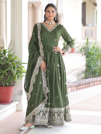 Attractive Green Embroidered Georgette Festive Wear Gown With Dupatta