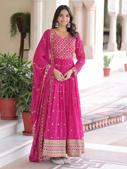 Pretty Pink Embroidered Georgette Wedding Wear Gown With Dupatta