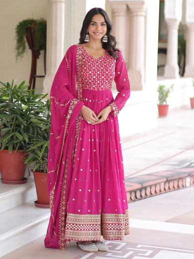 Pretty Pink Embroidered Georgette Wedding Wear Gown With Dupatta