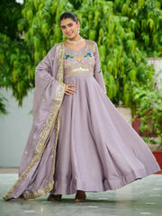 Charming Purple Sequins Silk Festive Wear Gown With Dupatta
