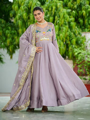 Charming Purple Sequins Silk Festive Wear Gown With Dupatta