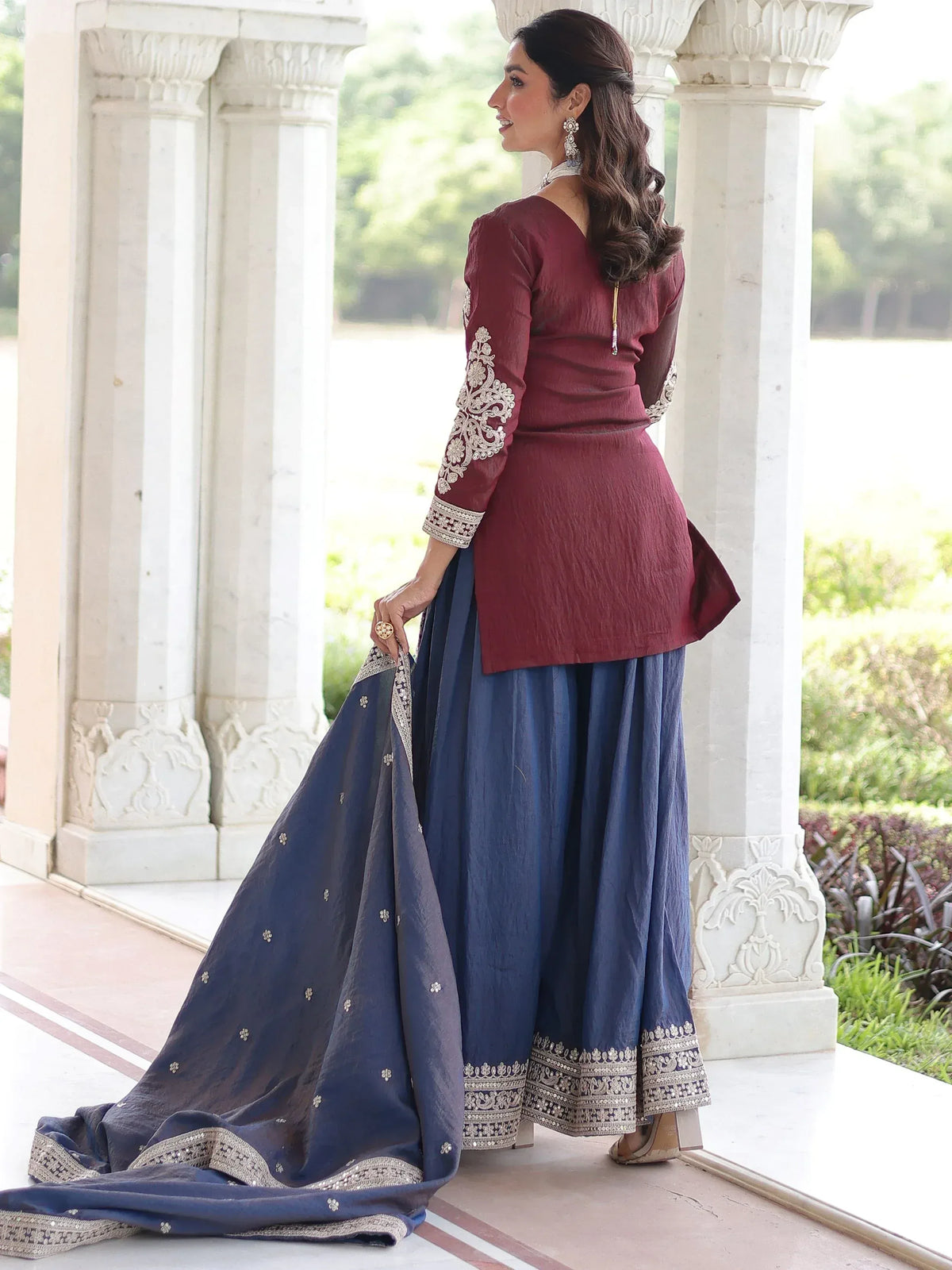 Maroon embroidered kurta with blue lehenga and dupatta, Indian ethnic wear for women