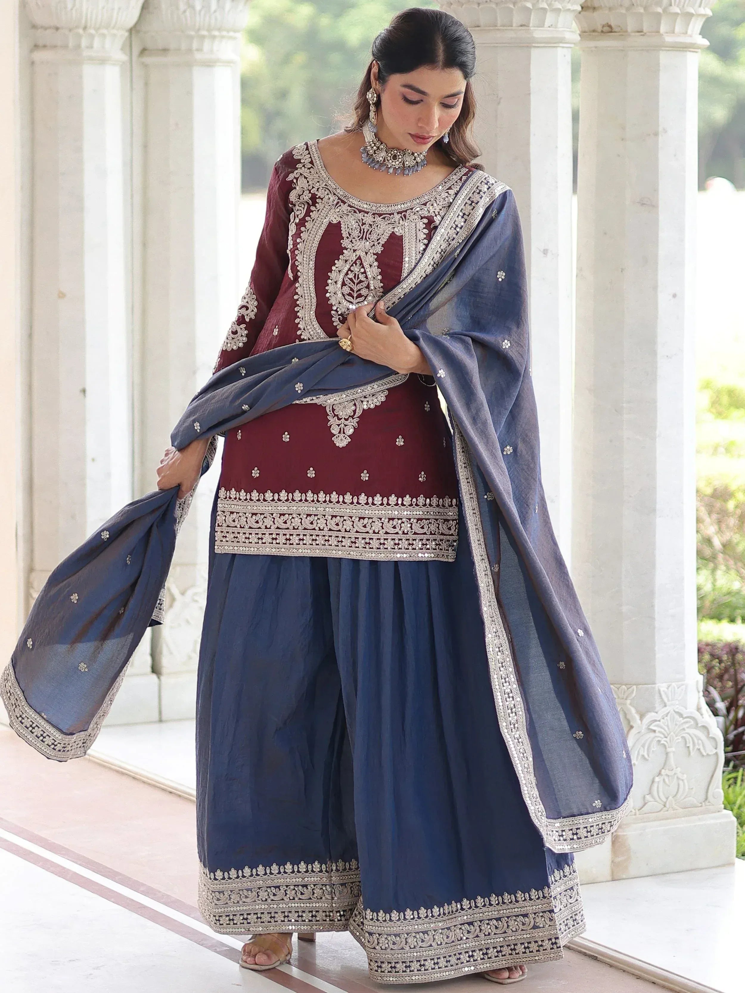 Alluring Maroon Embroidered Silk Festival Wear Sharara Suit