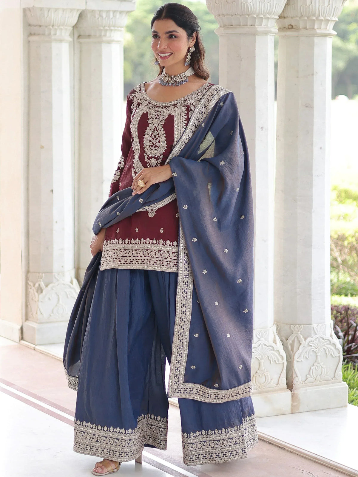 Alluring Maroon Embroidered Silk Festival Wear Sharara Suit