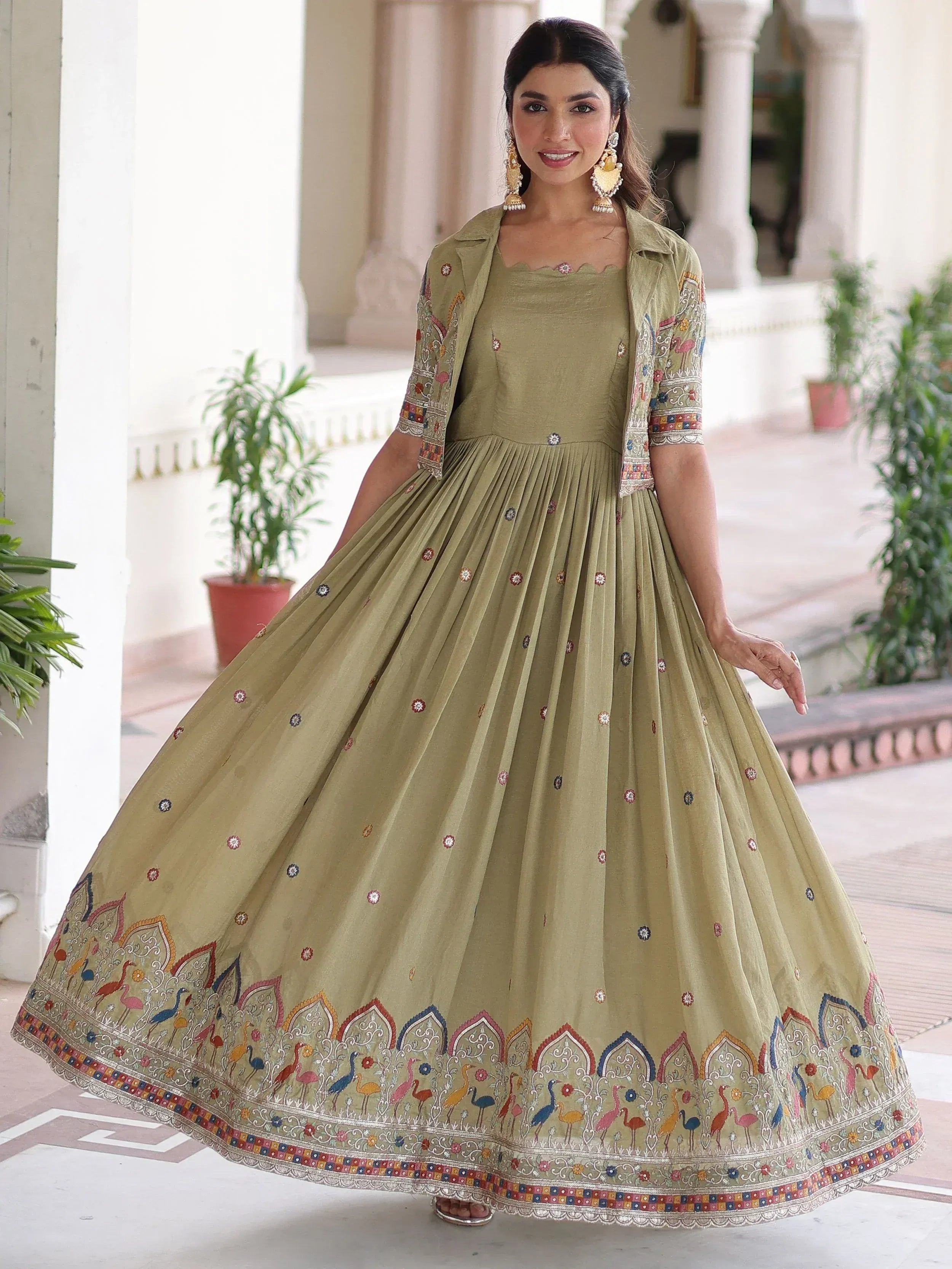 Olive green embroidered lehenga with colorful bird motifs and matching jacket for ethnic wear