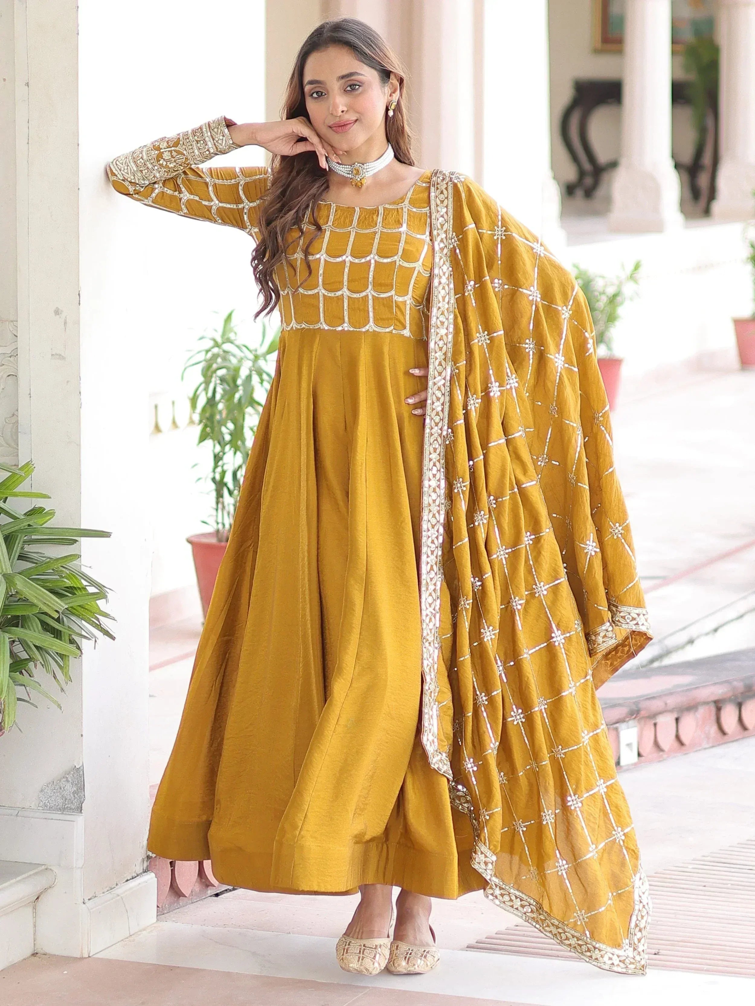 Mustard yellow embroidered anarkali suit with dupatta, Indian ethnic wear for women
