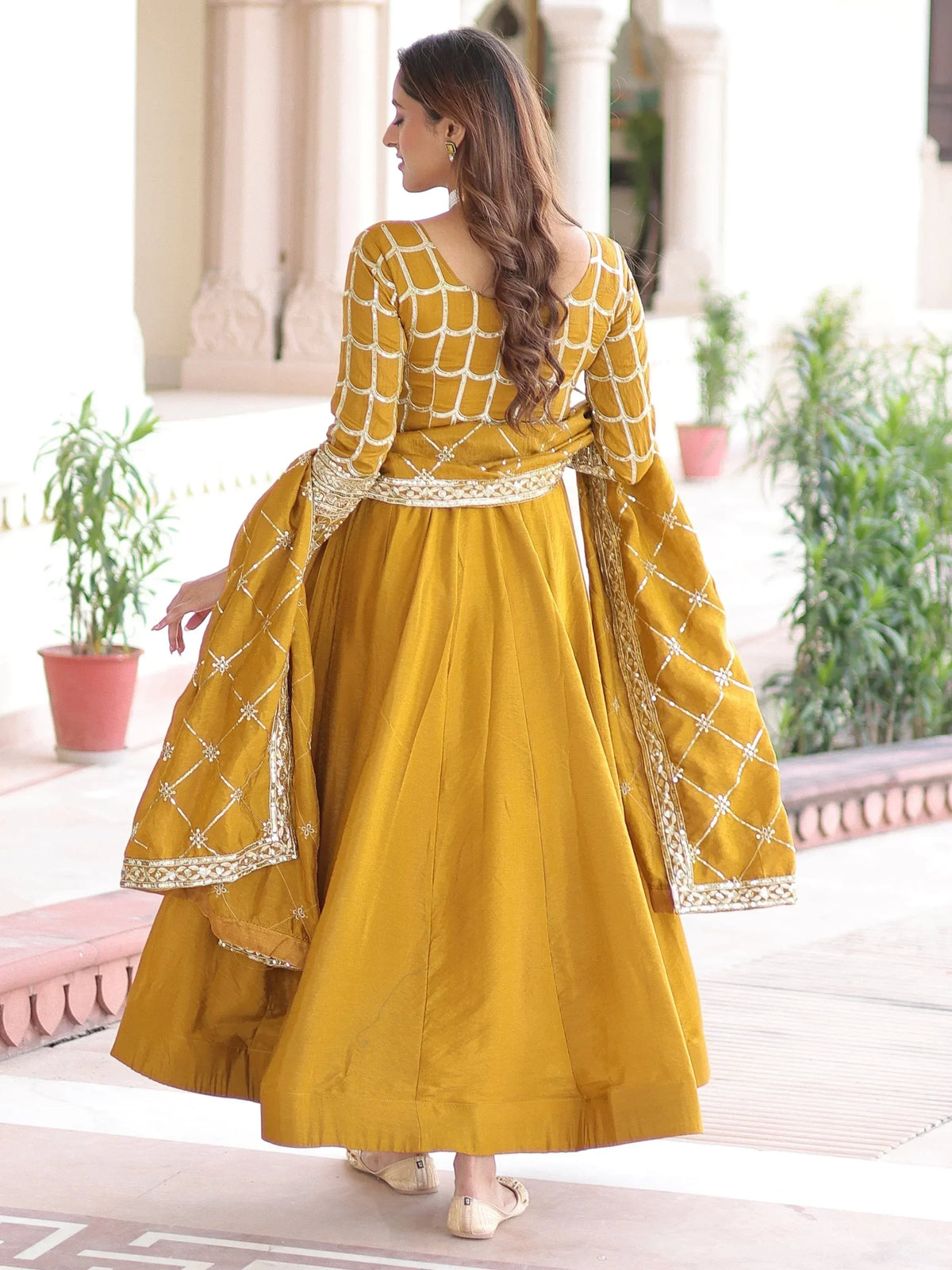 Mustard yellow designer anarkali with gold embroidery, ethnic wear for women
