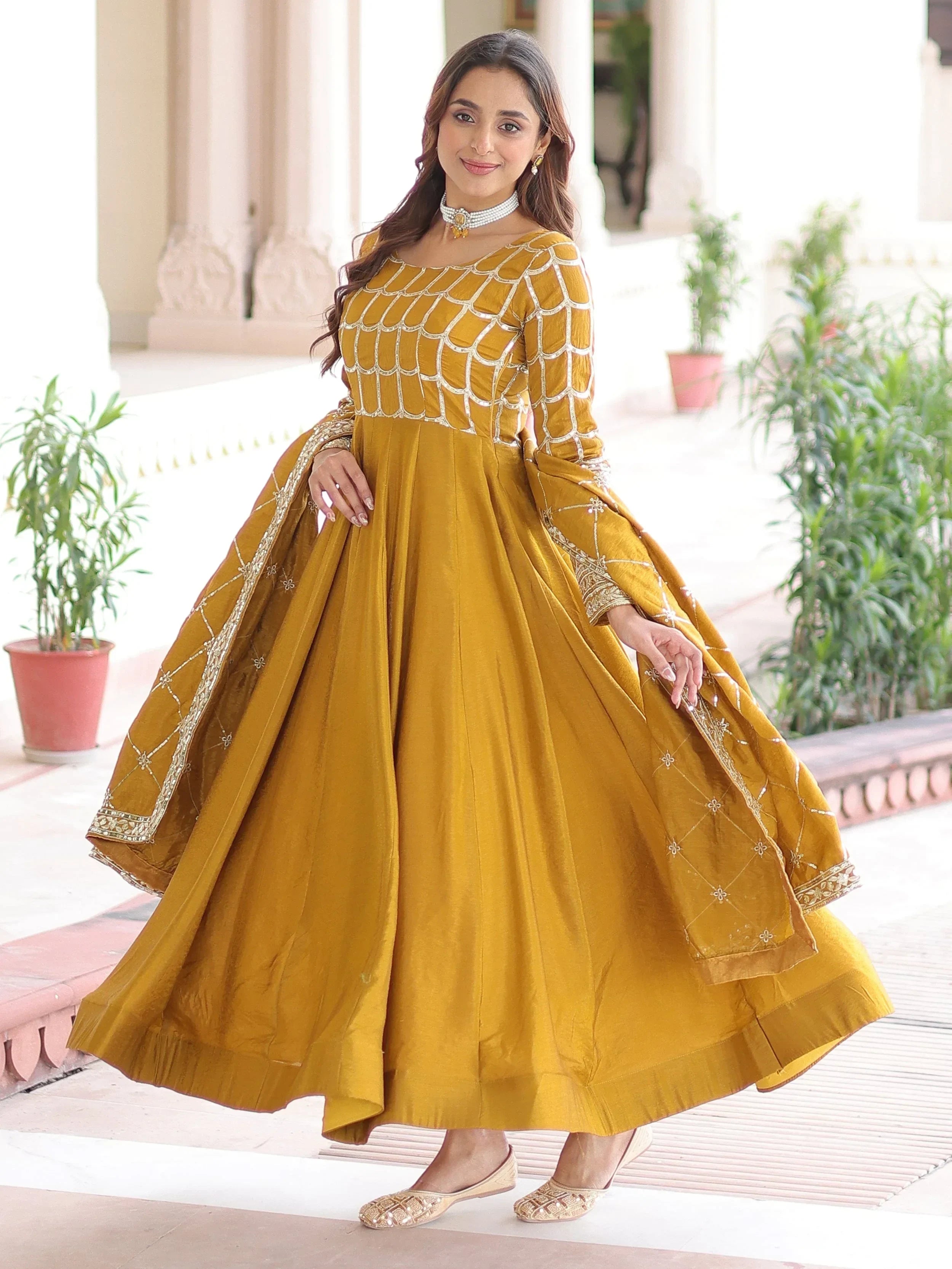 Stunning Mustard Sequins Silk Festival Wear Gown With Dupatta