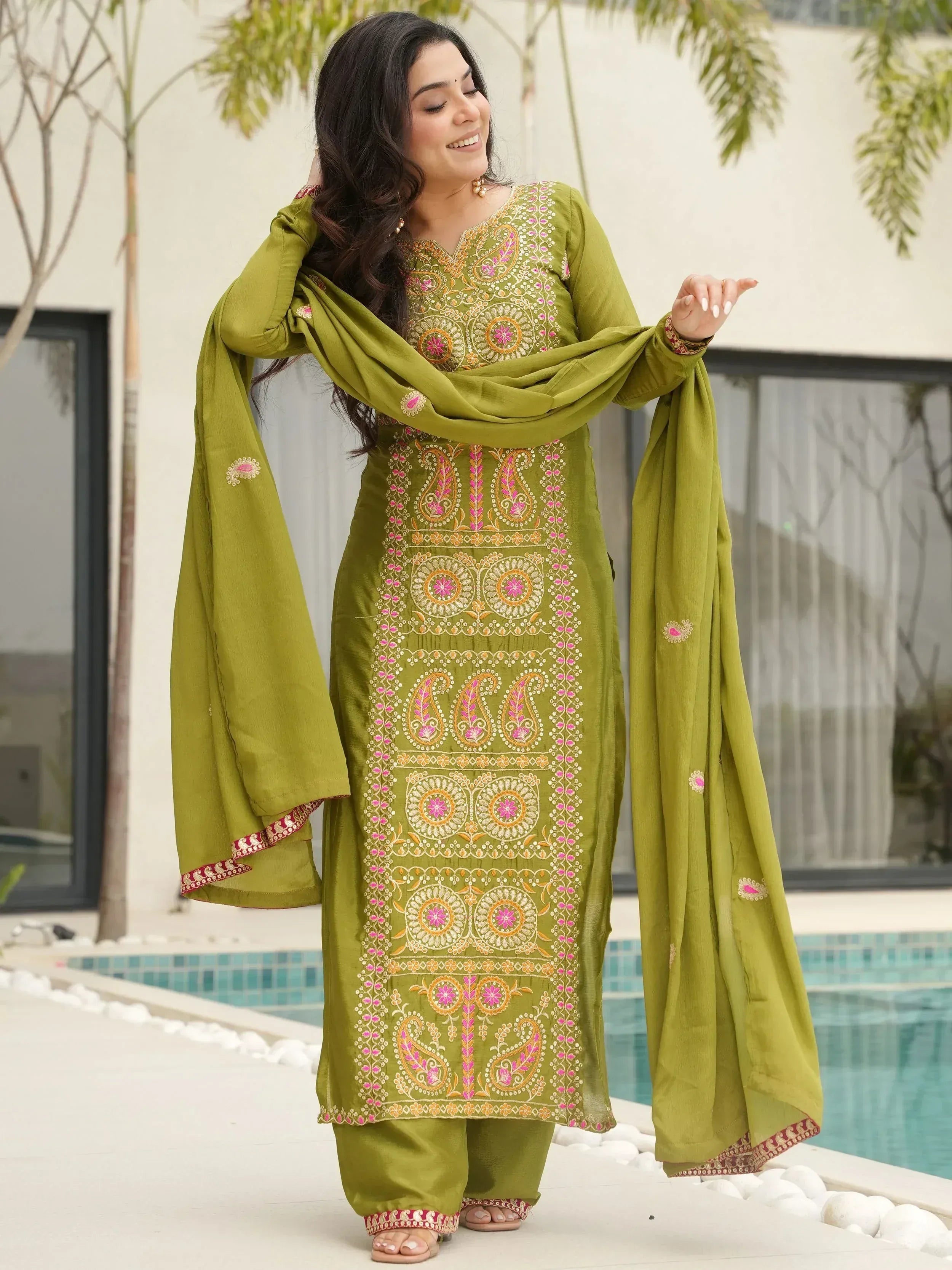 Awesome Green Embroidered Chinon Festival Wear Salwar Kameez
