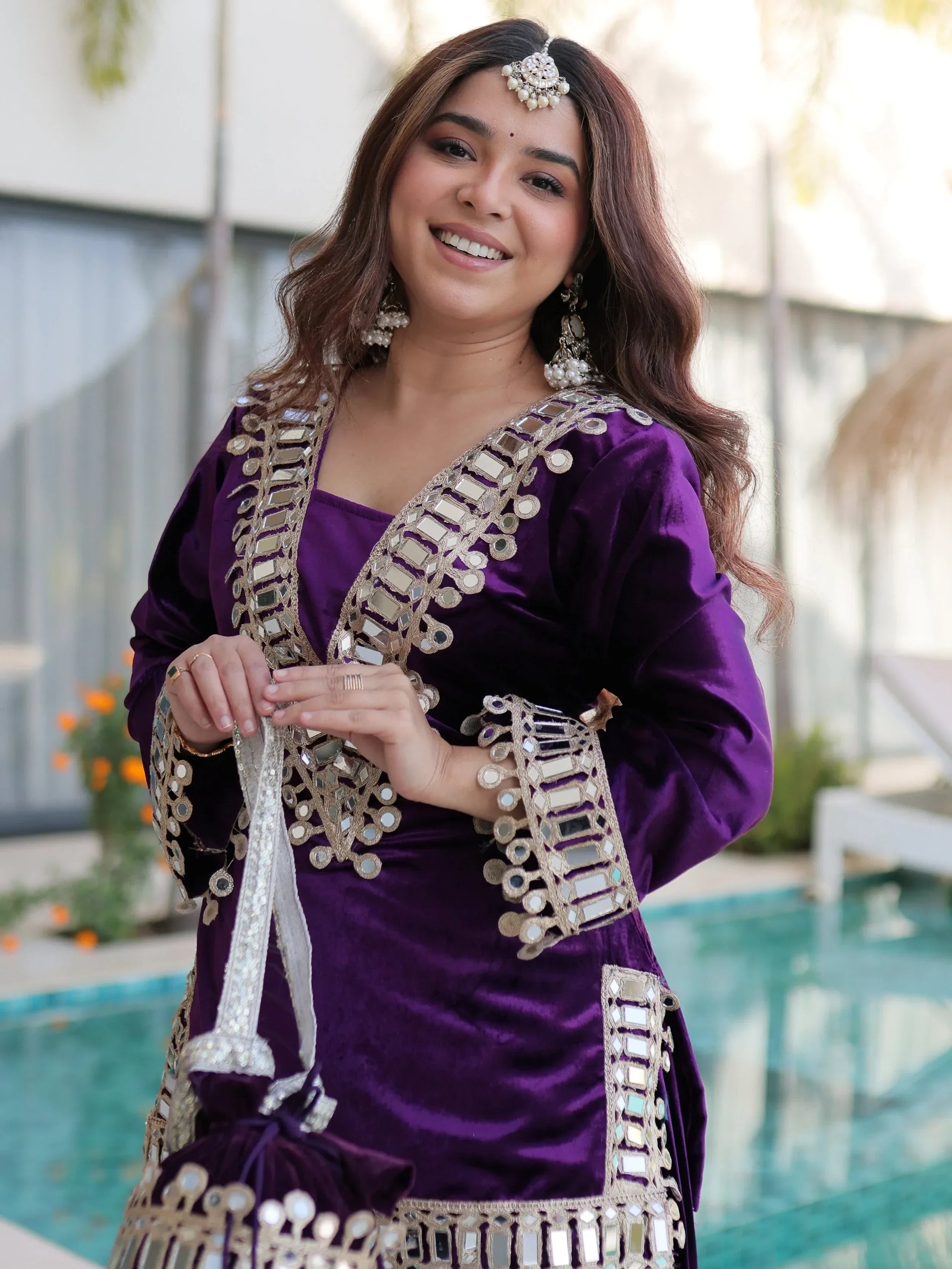 Alluring Purple Zari Embroidered Velvet Festival Wear Top With Palazzo