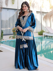 Amazing Blue Mirror Work Velvet Wedding Wear Top With Palazzo