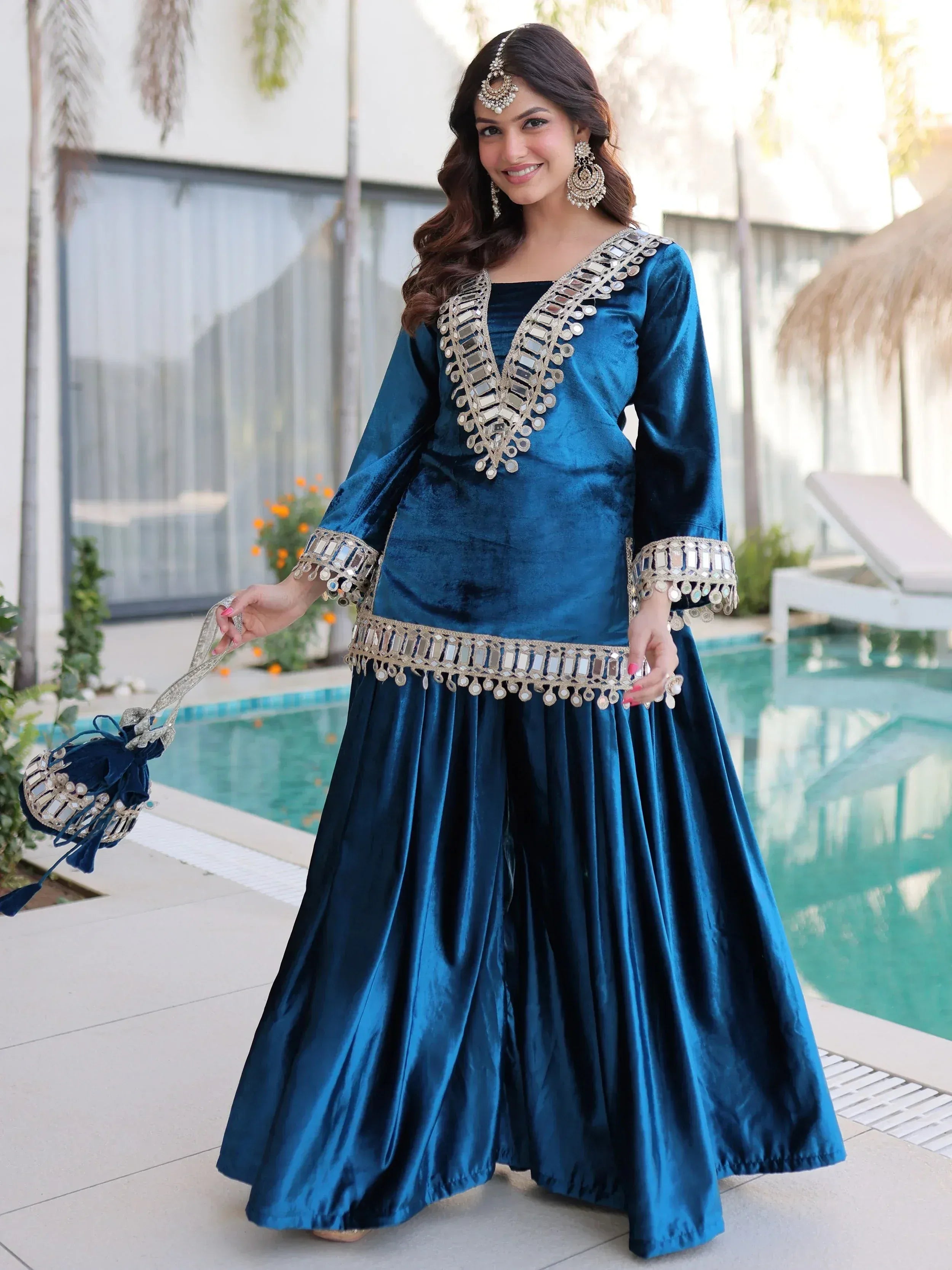 Amazing Blue Mirror Work Velvet Wedding Wear Top With Palazzo