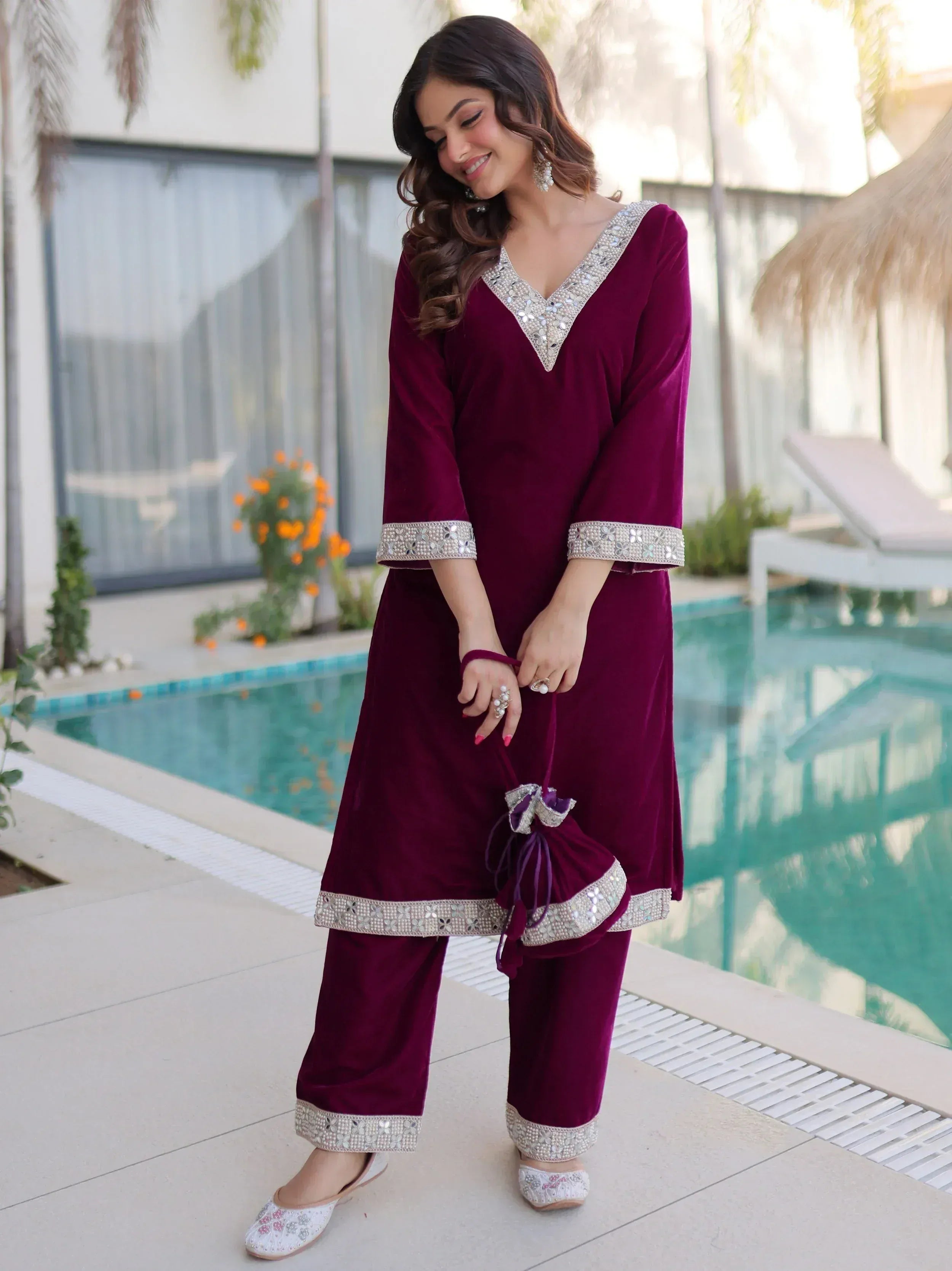Stylish Wine Zari Embroidered Velvet Wedding Wear Salwar Kameez