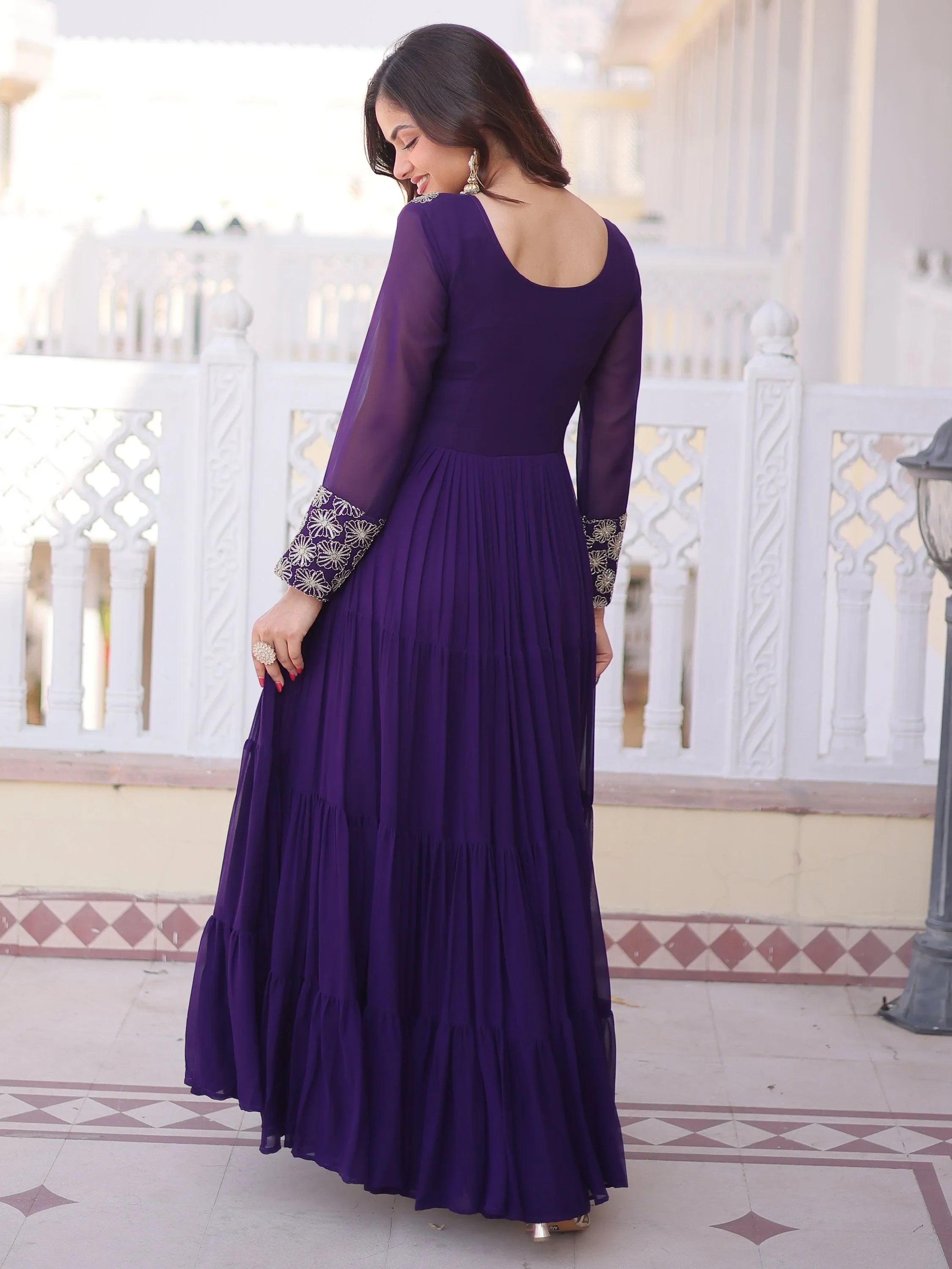 Stunning Purple Sequins Georgette Function Wear Gown