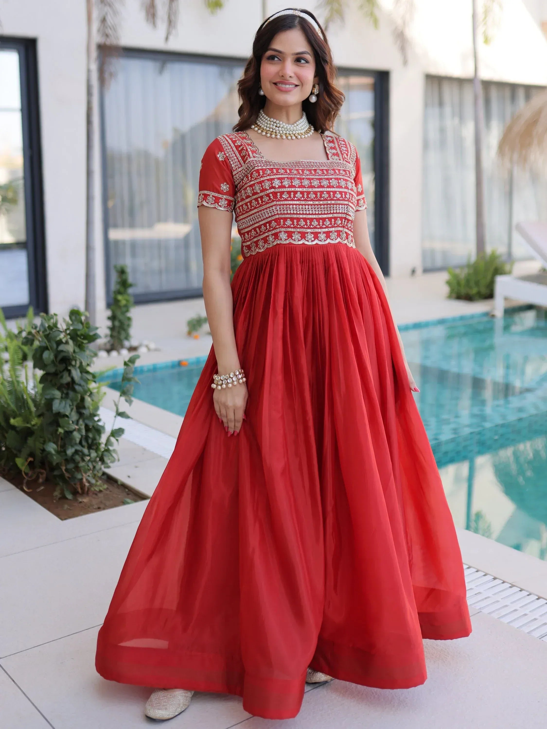 Lovable Red Sequins Silk Marriage Wear Gown
