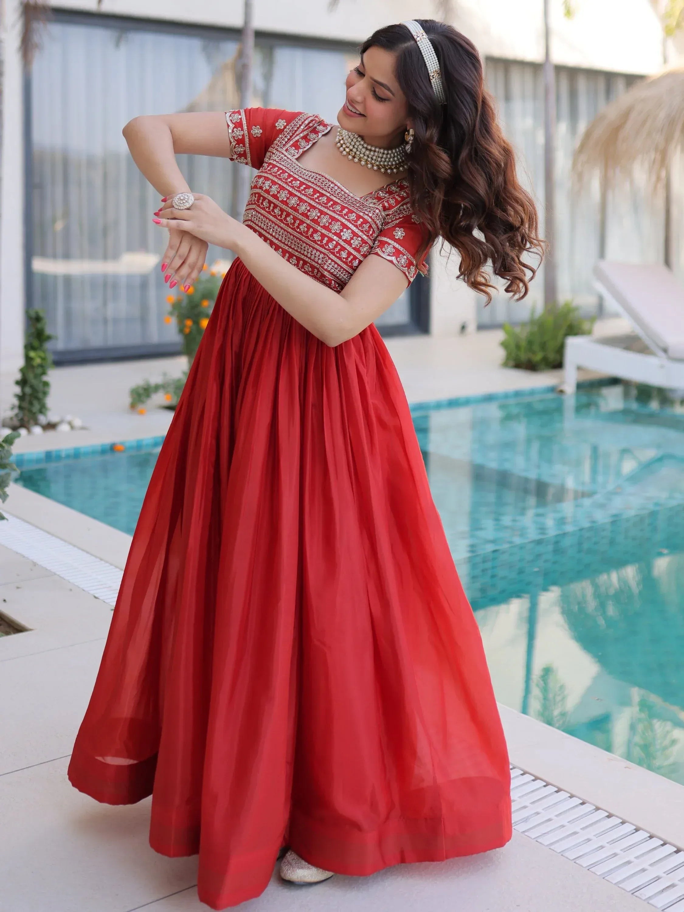 Lovable Red Sequins Silk Marriage Wear Gown