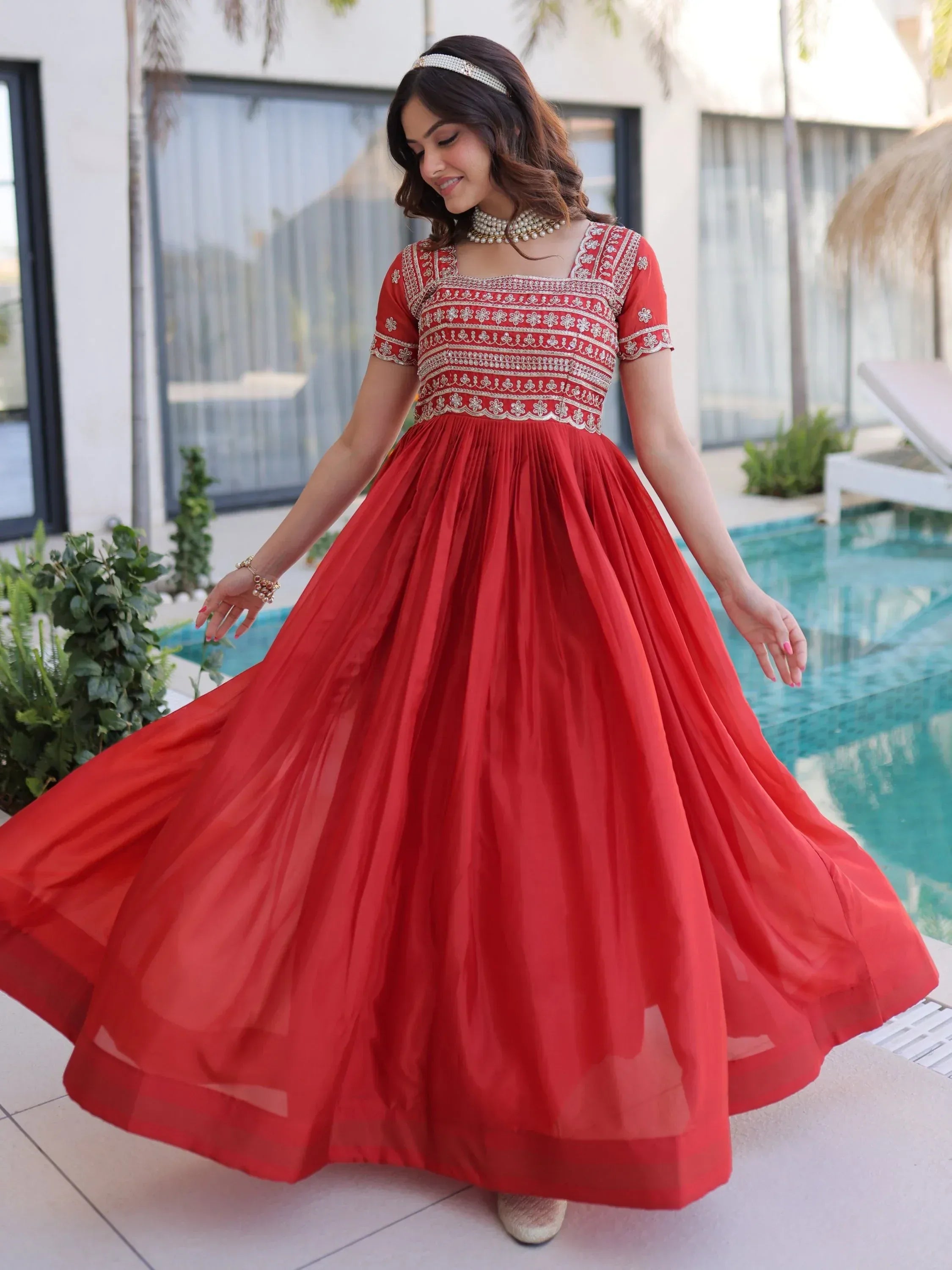 Lovable Red Sequins Silk Marriage Wear Gown