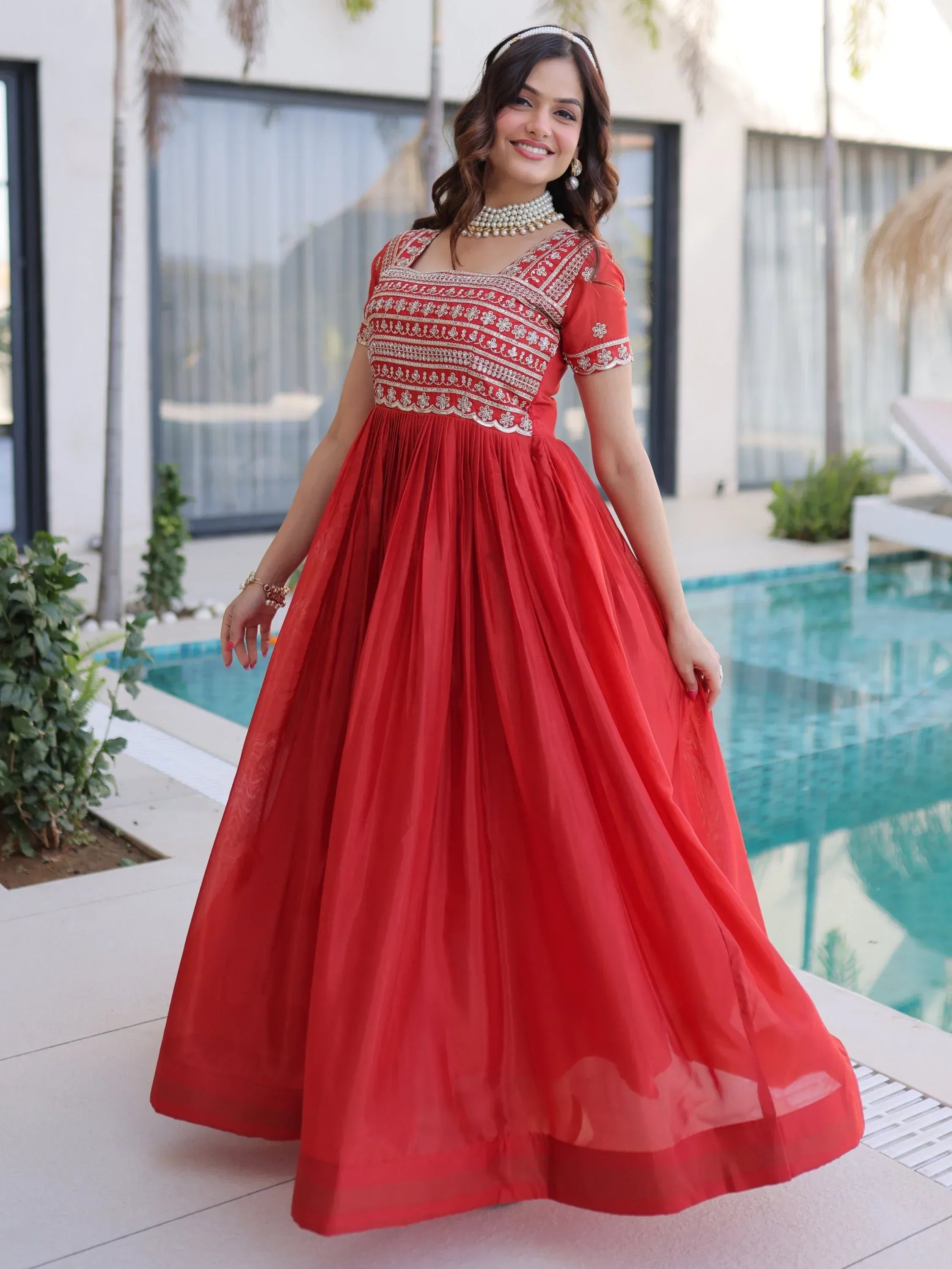 Lovable Red Sequins Silk Marriage Wear Gown