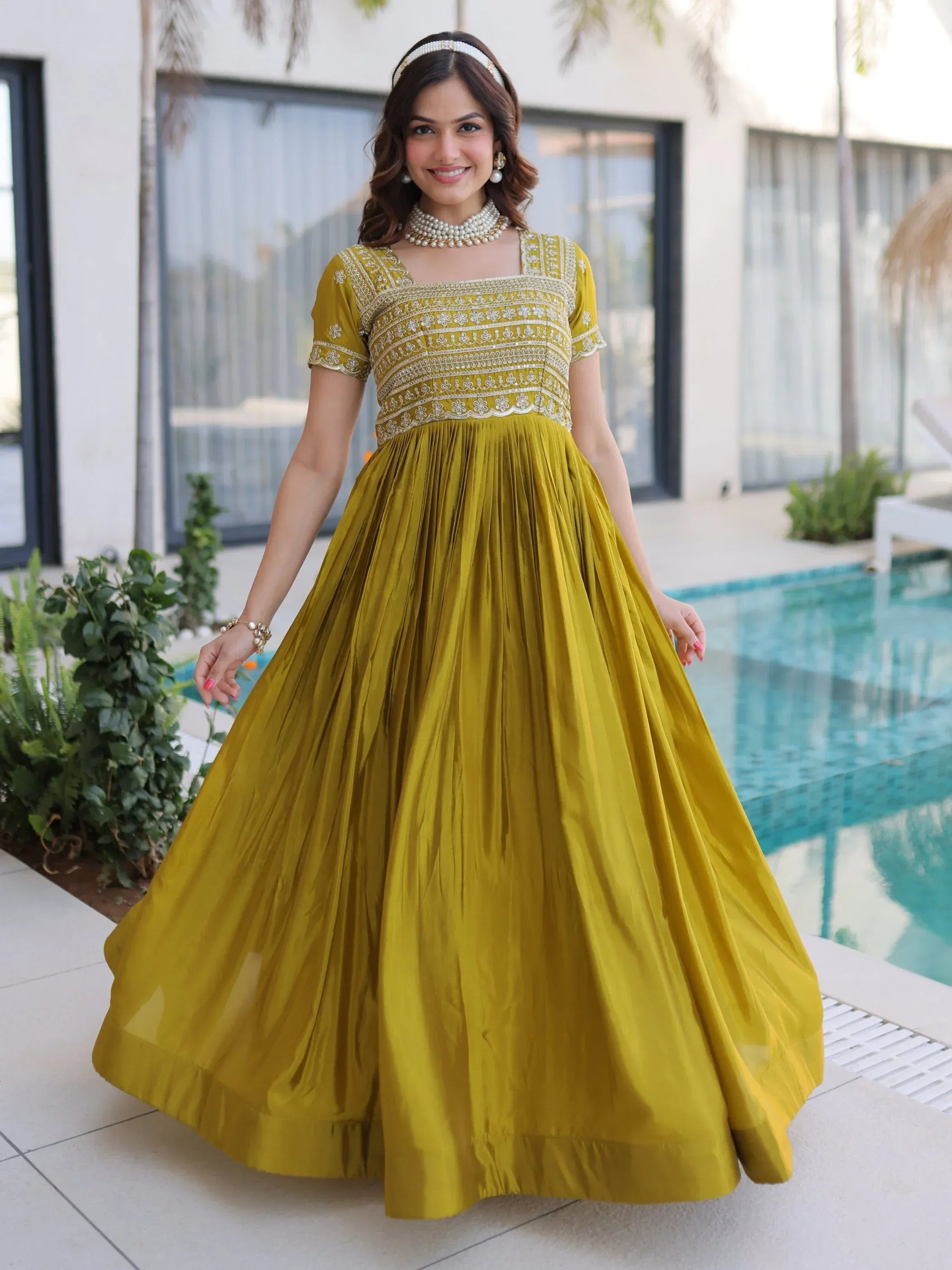 Astonishing Olive Green Zari Work Silk Mehendi Wear Gown
