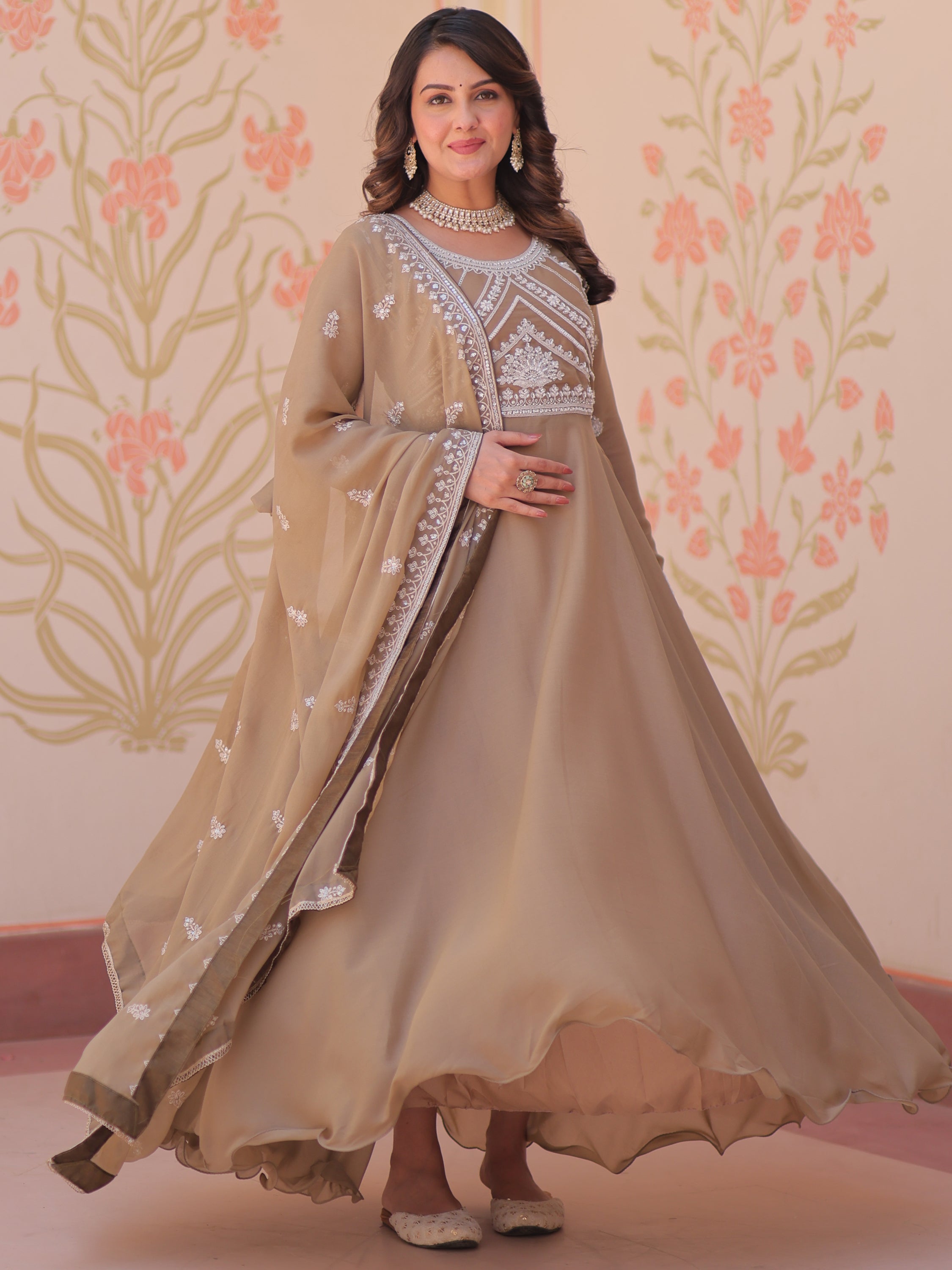 Stylish Beige Coding Work Georgette Festive Wear Gown With Dupatta