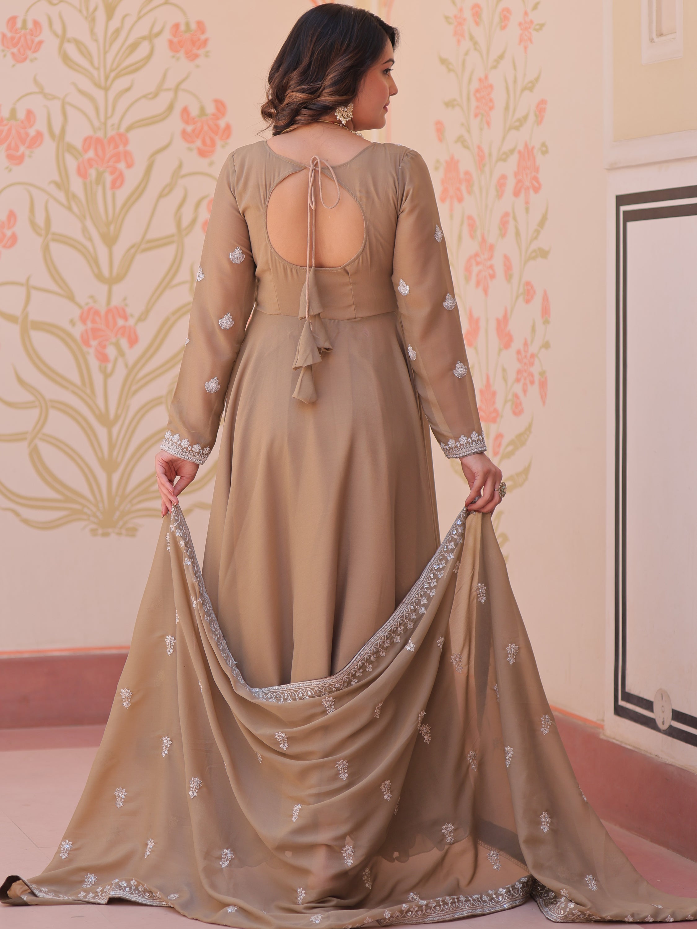 Stylish Beige Coding Work Georgette Festive Wear Gown With Dupatta