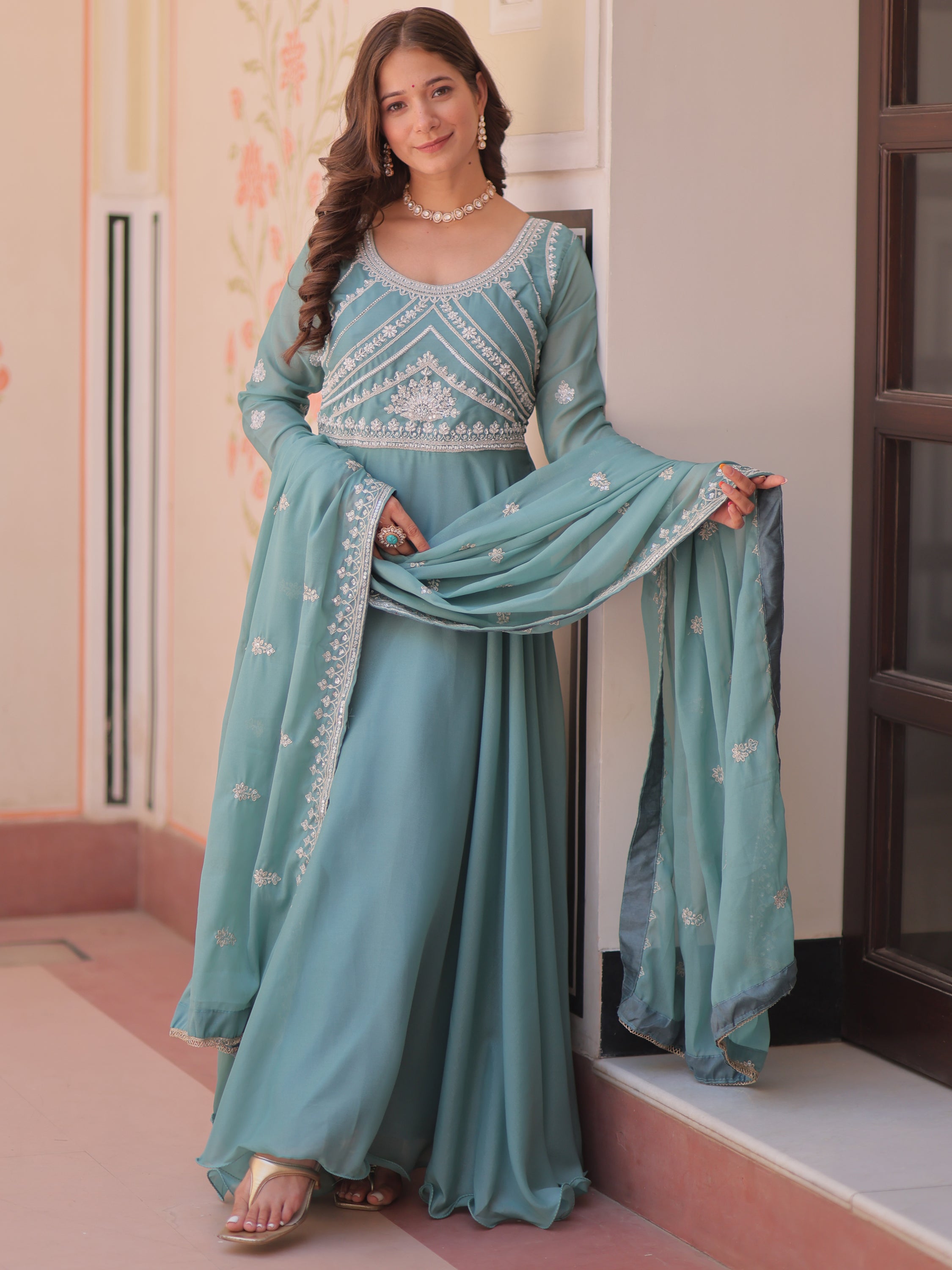 Impressive Sky Blue Bead Work Georgette Traditional Gown With Dupatta