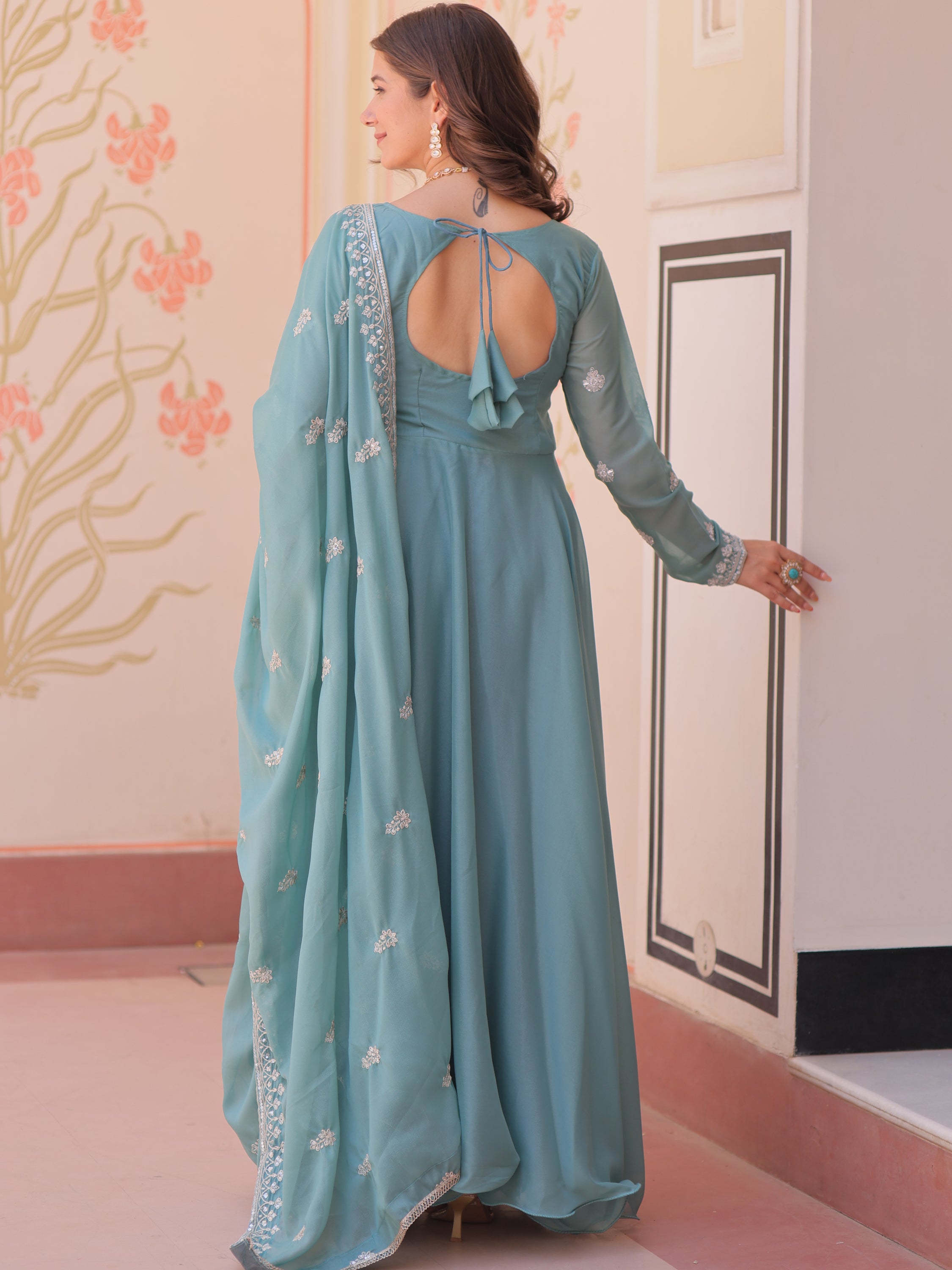 Impressive Sky Blue Bead Work Georgette Traditional Gown With Dupatta