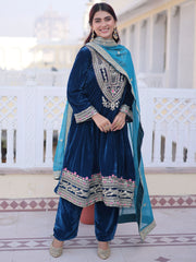 Lovely Blue Embroidered Velvet Festival Wear Salwar Kameez