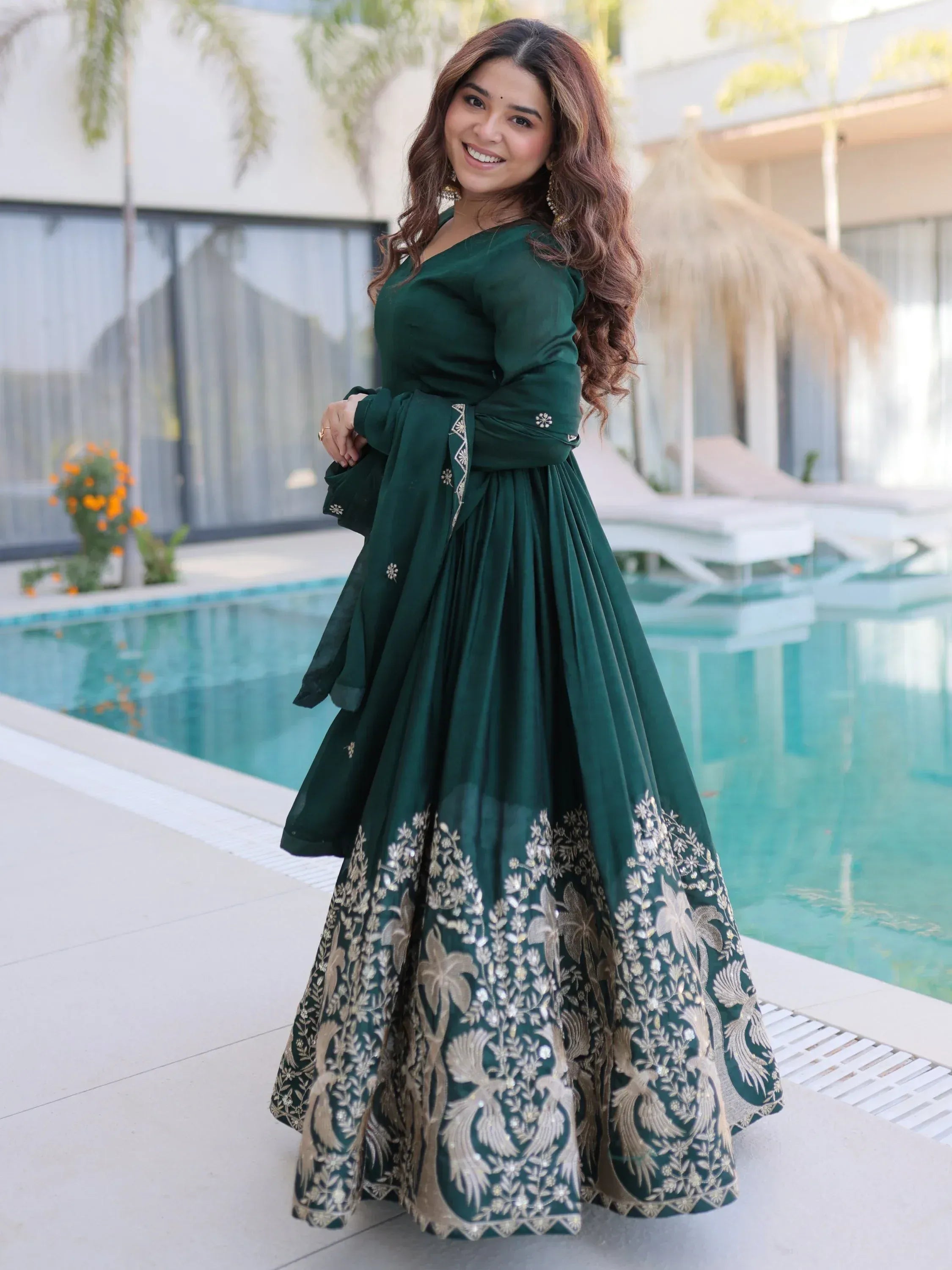 Amazing Bottle Green Sequins Crushed Mehendi Wear Gown With Dupatta