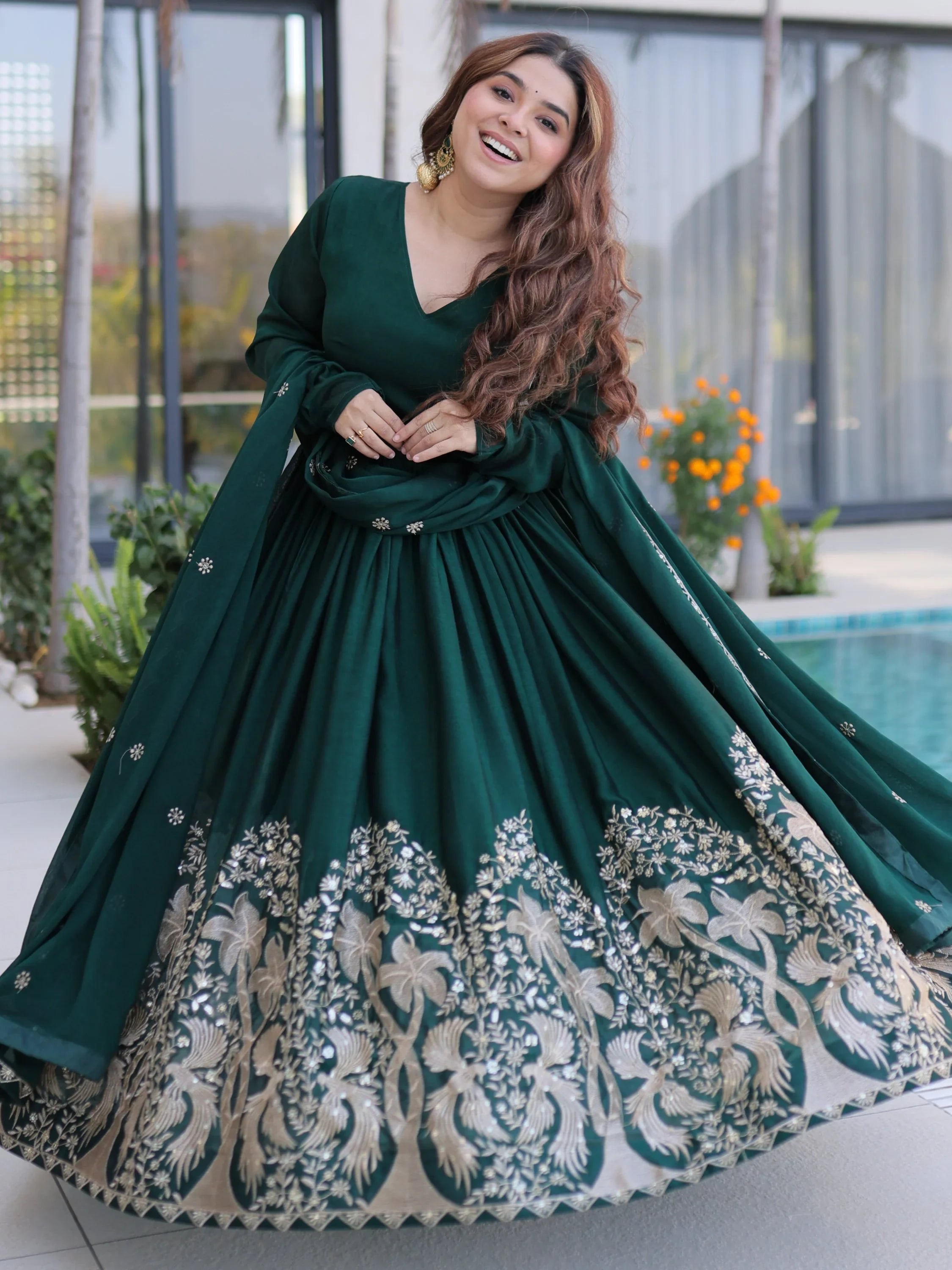 Amazing Bottle Green Sequins Crushed Mehendi Wear Gown With Dupatta