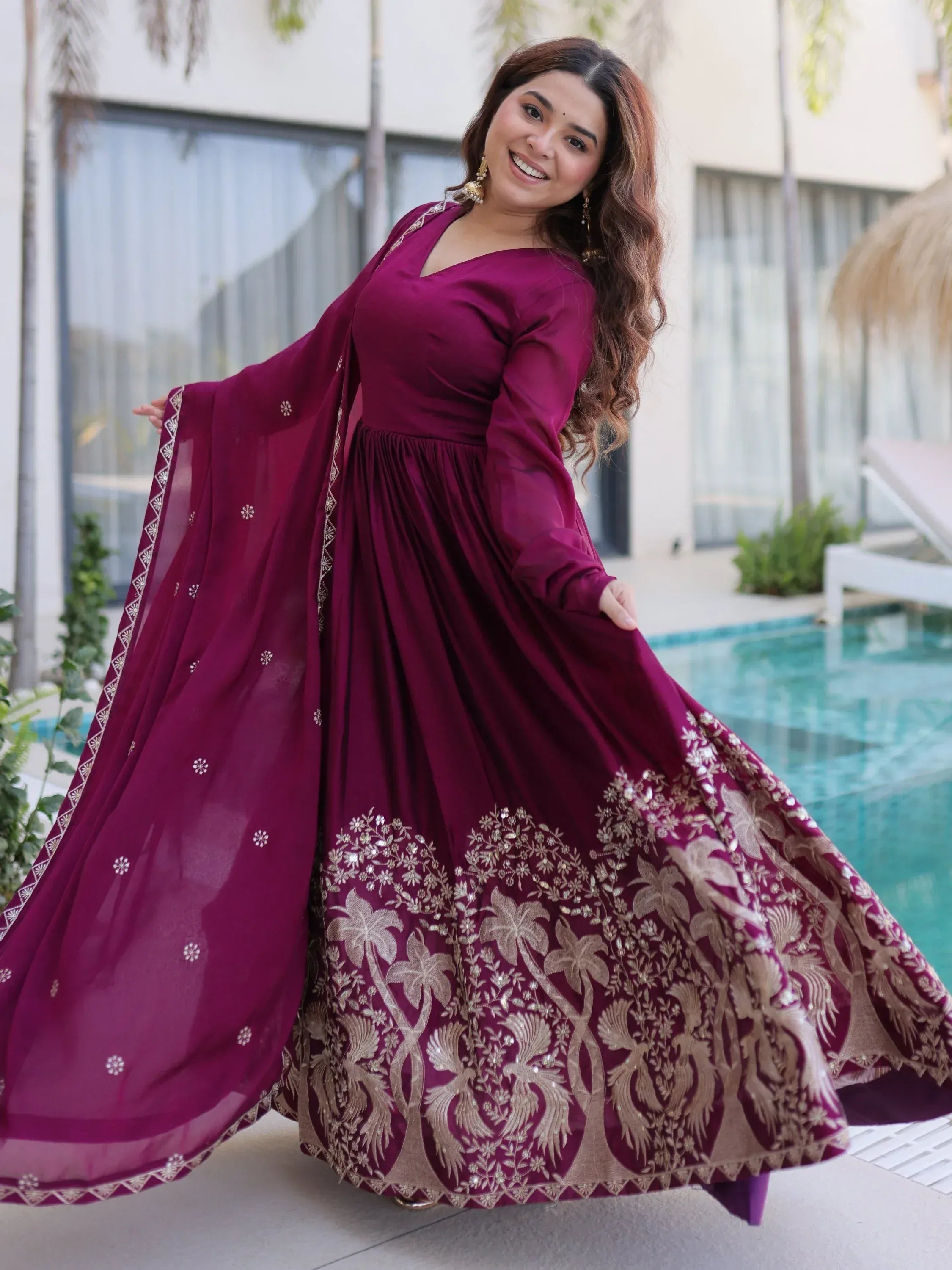 Exceptional Wine Multi Thread Work Crushed Gown With Dupatta