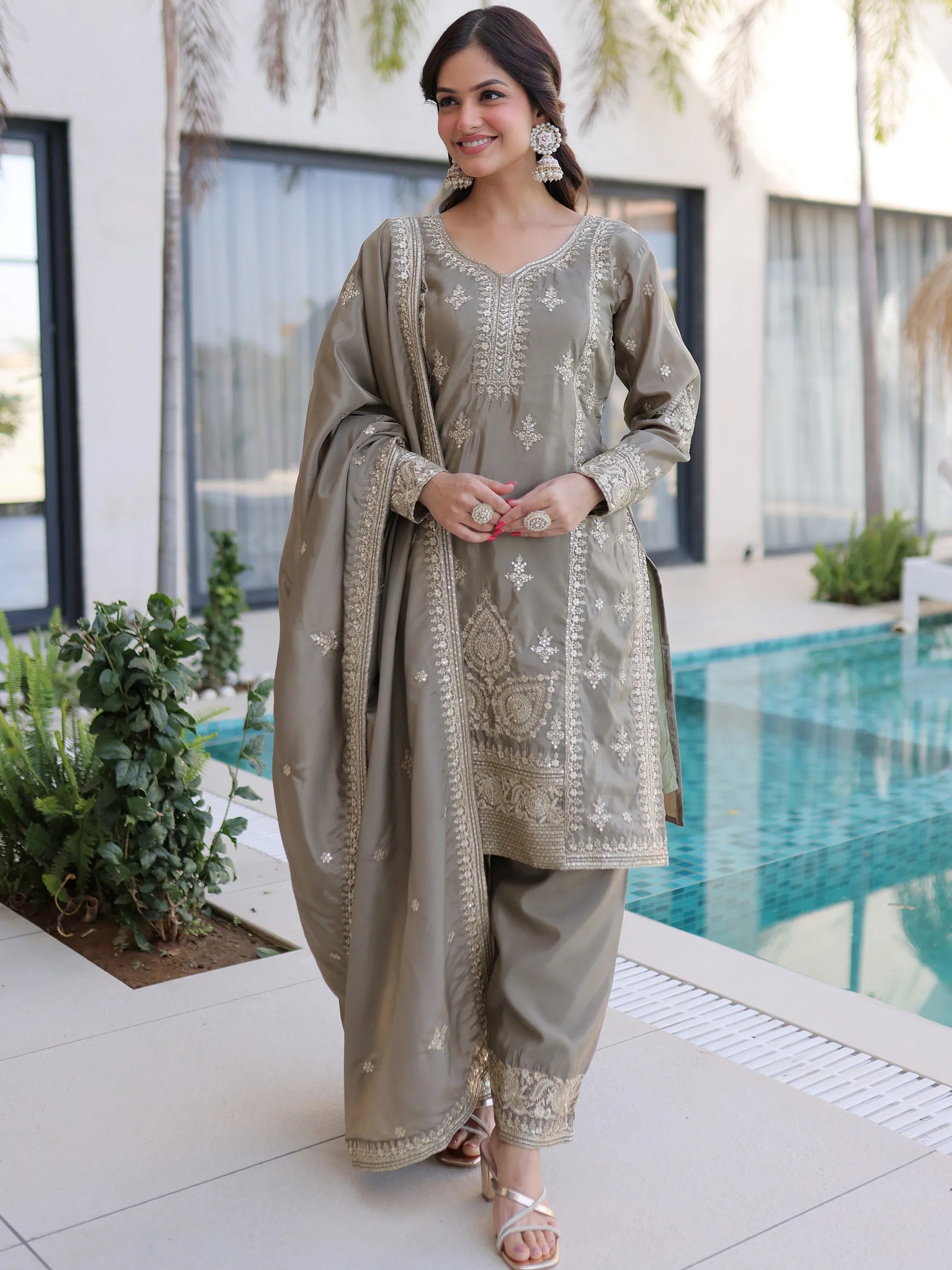 Enchanting Grey Zari Work Silk Eid Special Pant Suit With Dupatta