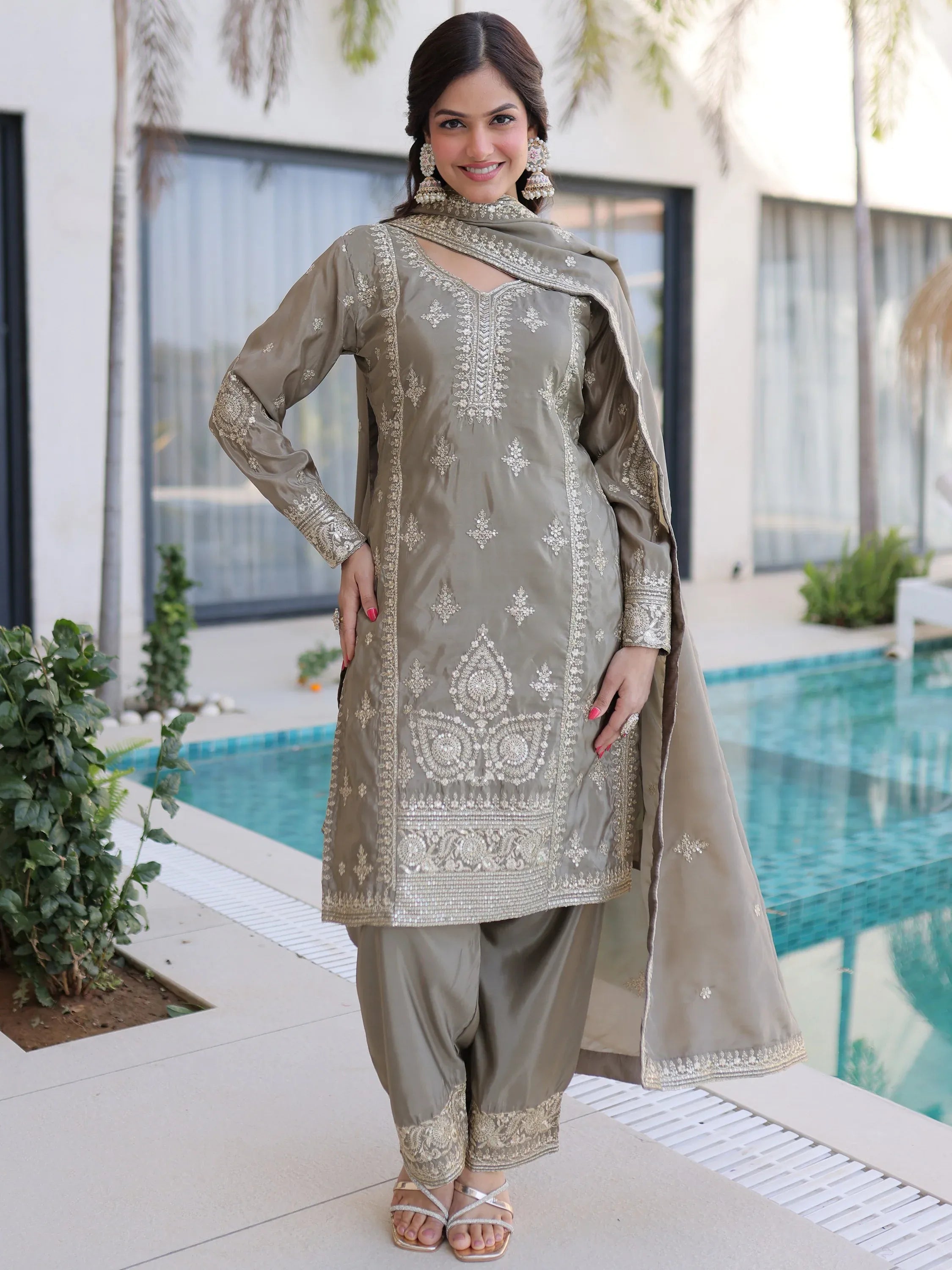 Enchanting Grey Zari Work Silk Eid Special Pant Suit With Dupatta