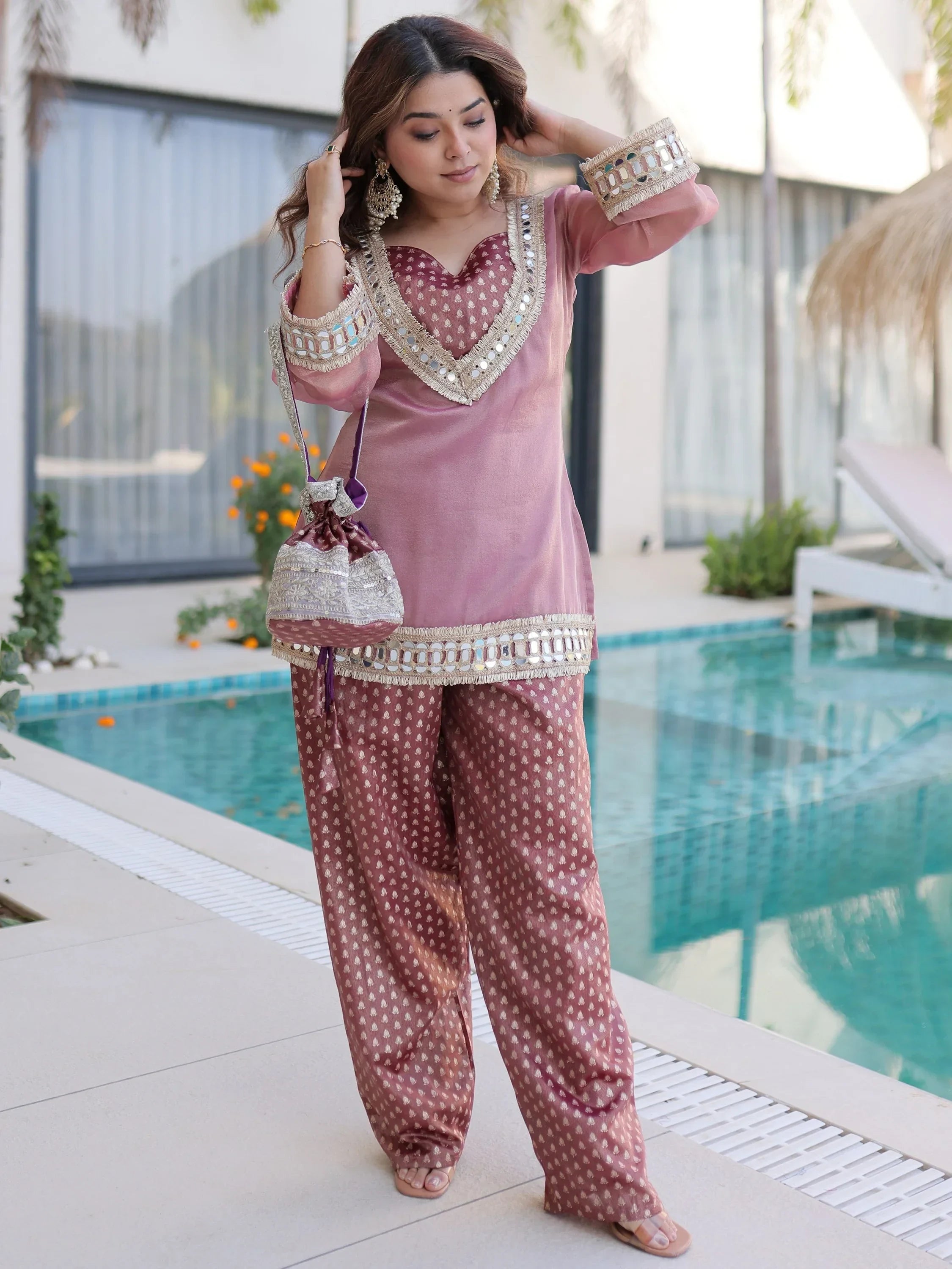 Fantastic Pink Mirror Work Organza Festival Wear Top With Palazzo