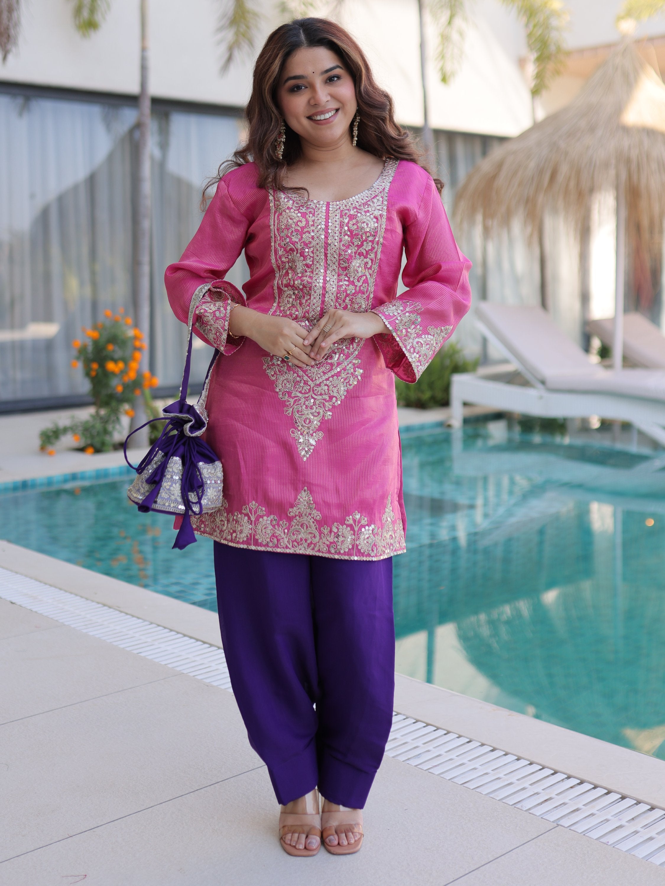Alluring Pink Zari Work Viscose Traditional Salwar Kameez