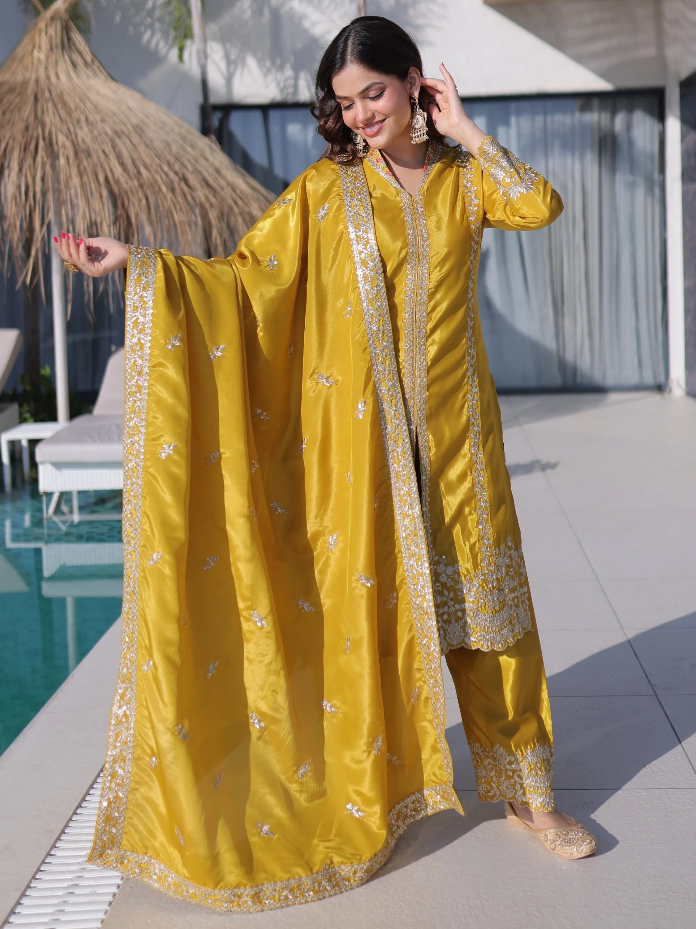 Splendid Mustard Yellow Zari Work Silk Haldi Wear Pant Suit With Dupatta