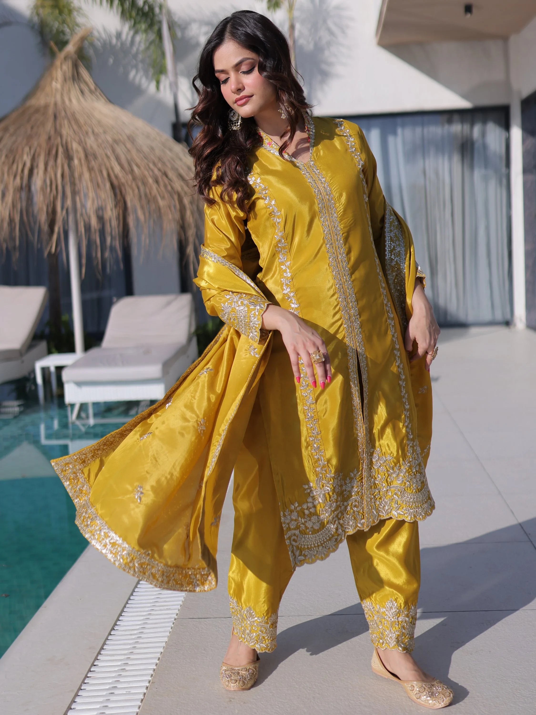 Splendid Mustard Yellow Zari Work Silk Haldi Wear Pant Suit With Dupatta