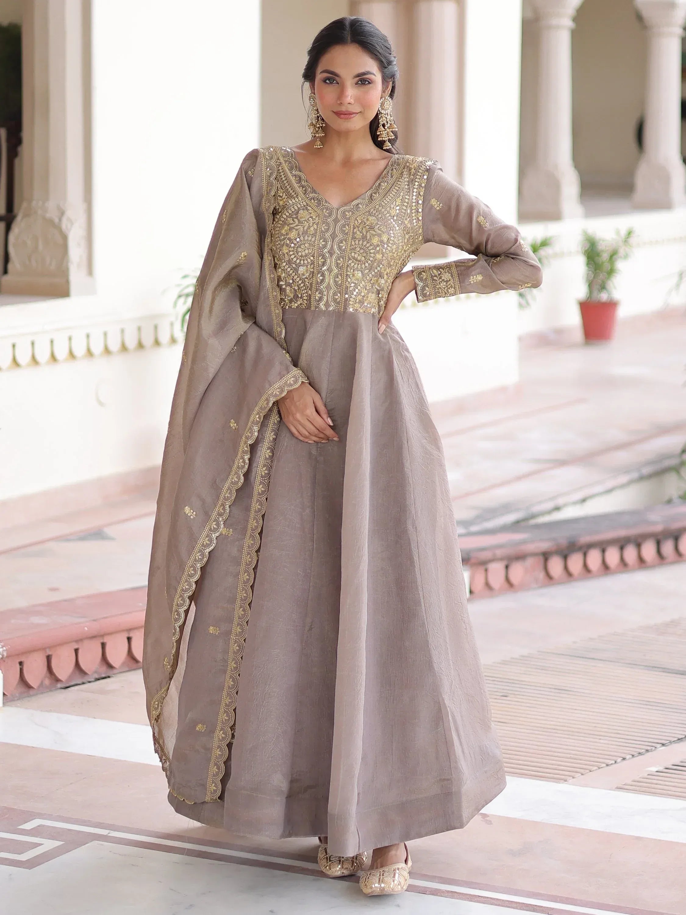 Outstanding Gray Zari Work Crushed Marriage Wear Gown With Dupatta