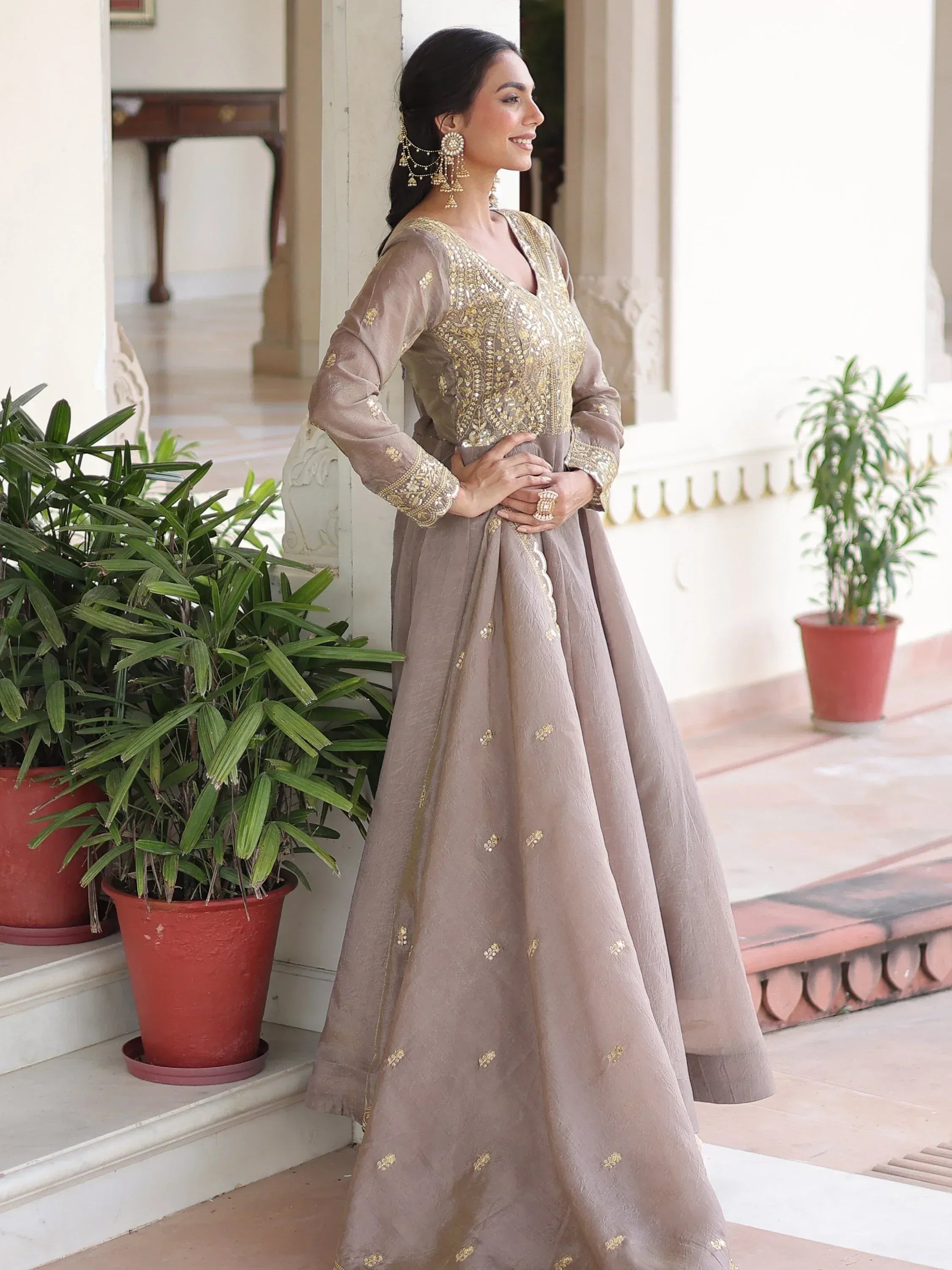 Outstanding Gray Zari Work Crushed Marriage Wear Gown With Dupatta