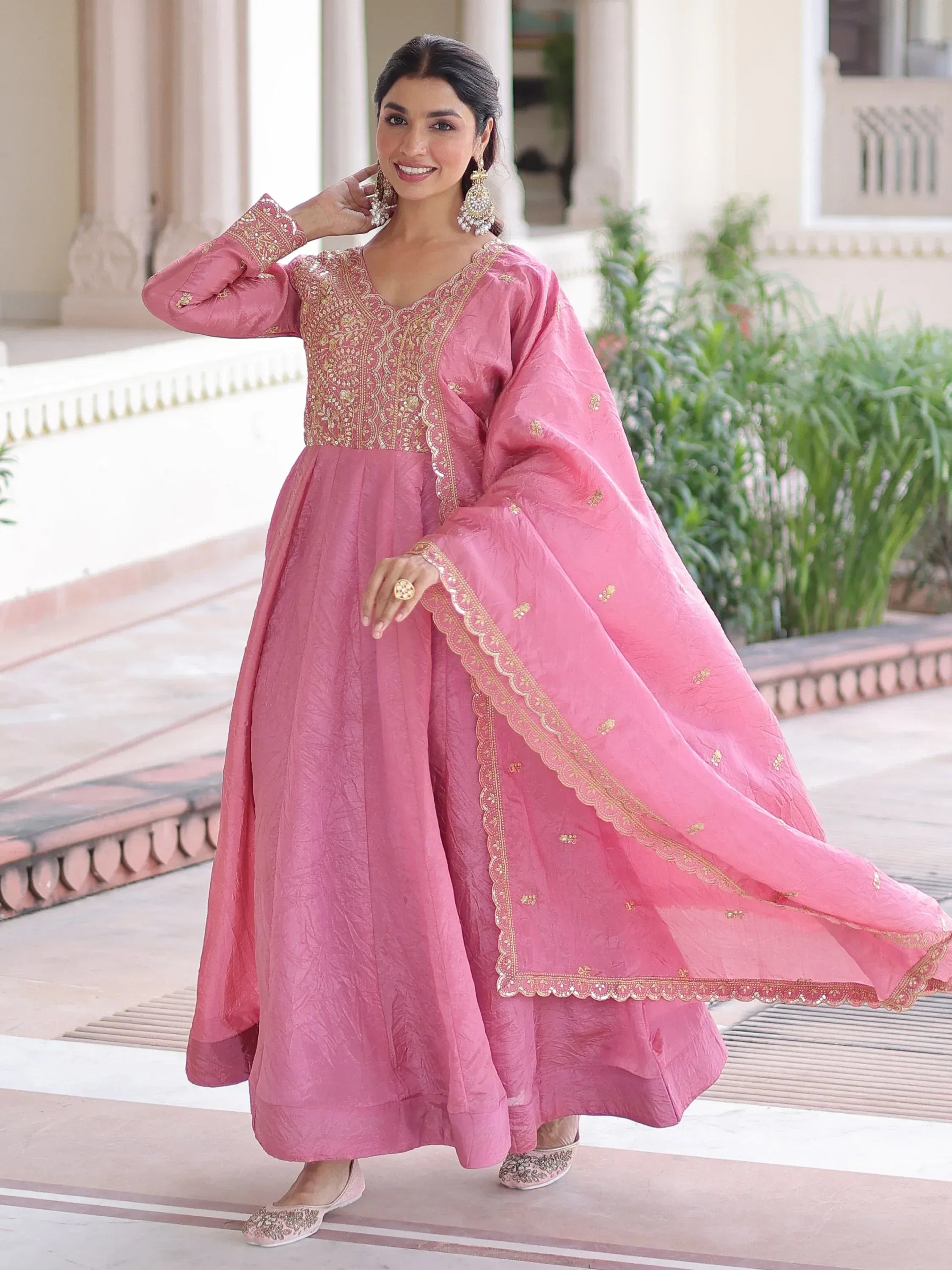Pretty Pink Sequins Crushed Engagement Wear Gown With Dupatta